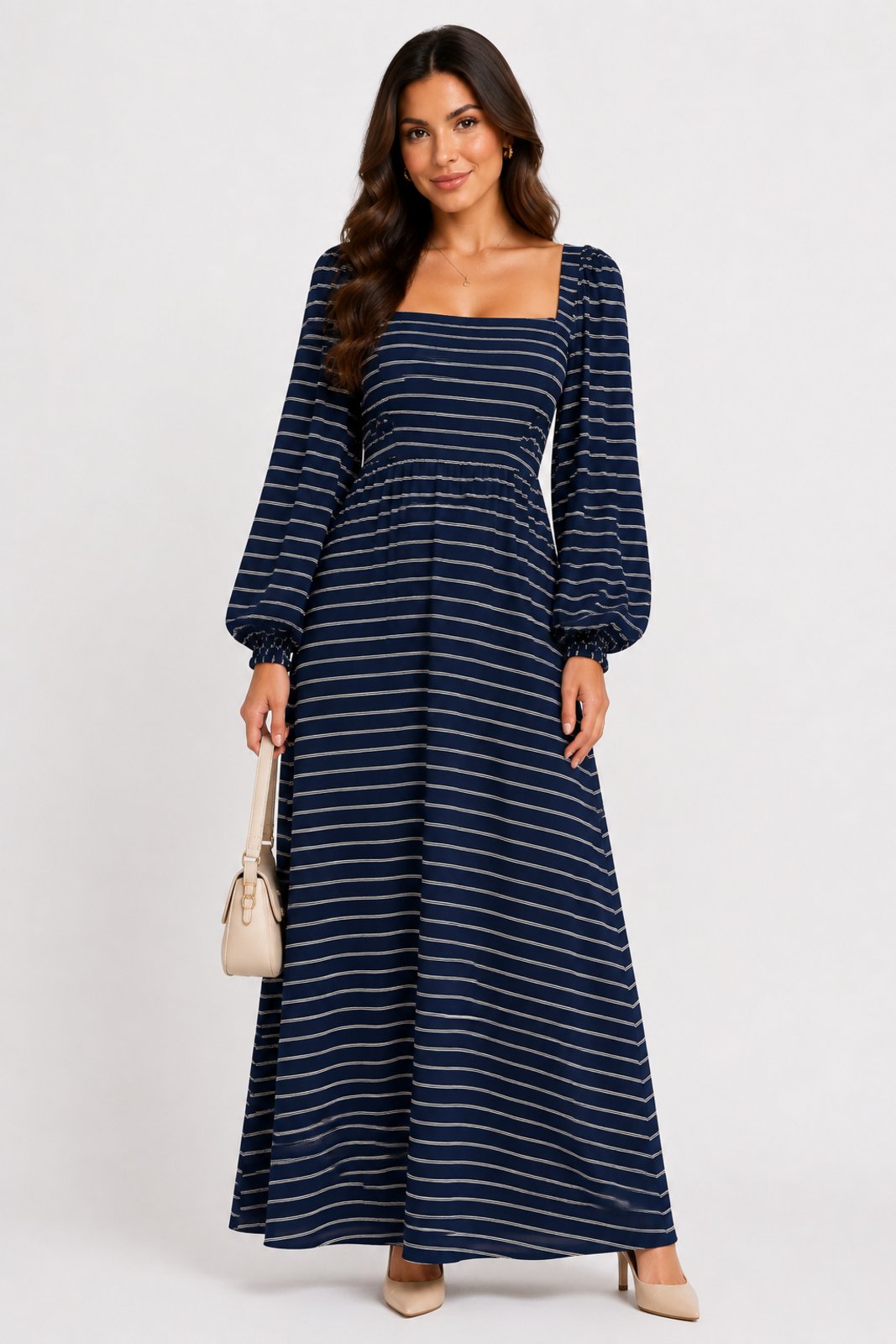 Vestido Longo D Bell Outlet Fashion Listras Azul Marinho