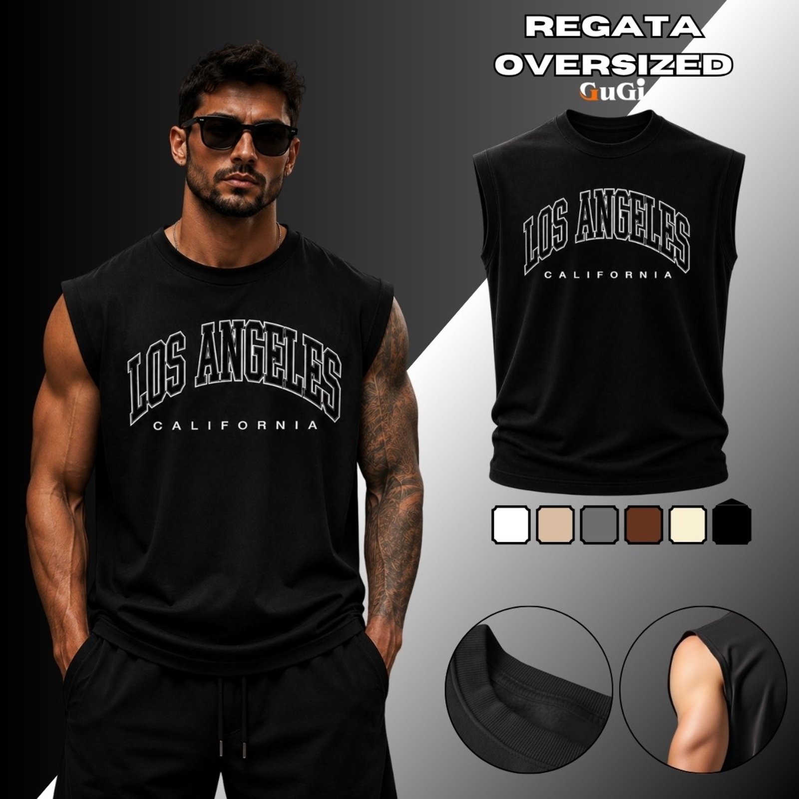 Camiseta Regata Masculina Oversized Estampada Los Angeles California 100% Algodão 30.1 Preto