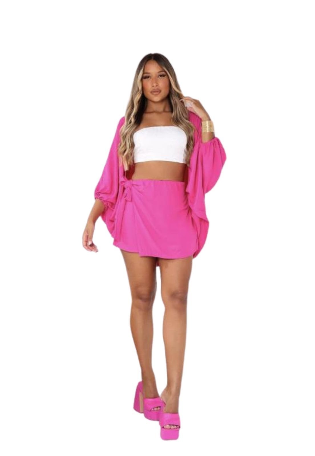 Conjunto Short Saia e Kimono Helaine Pink