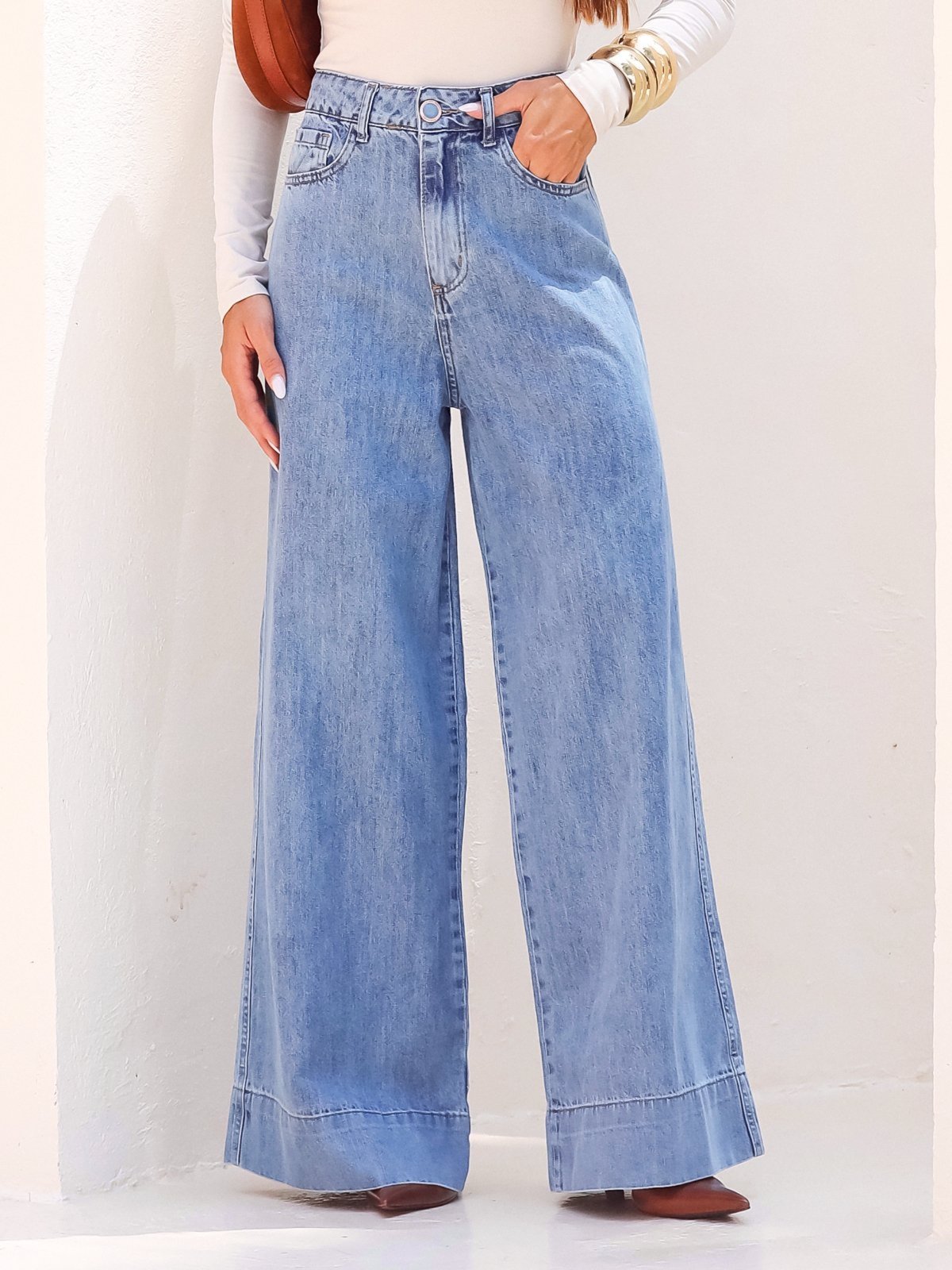 Calça Jeans Pantalona Feminina Lavagem Clara