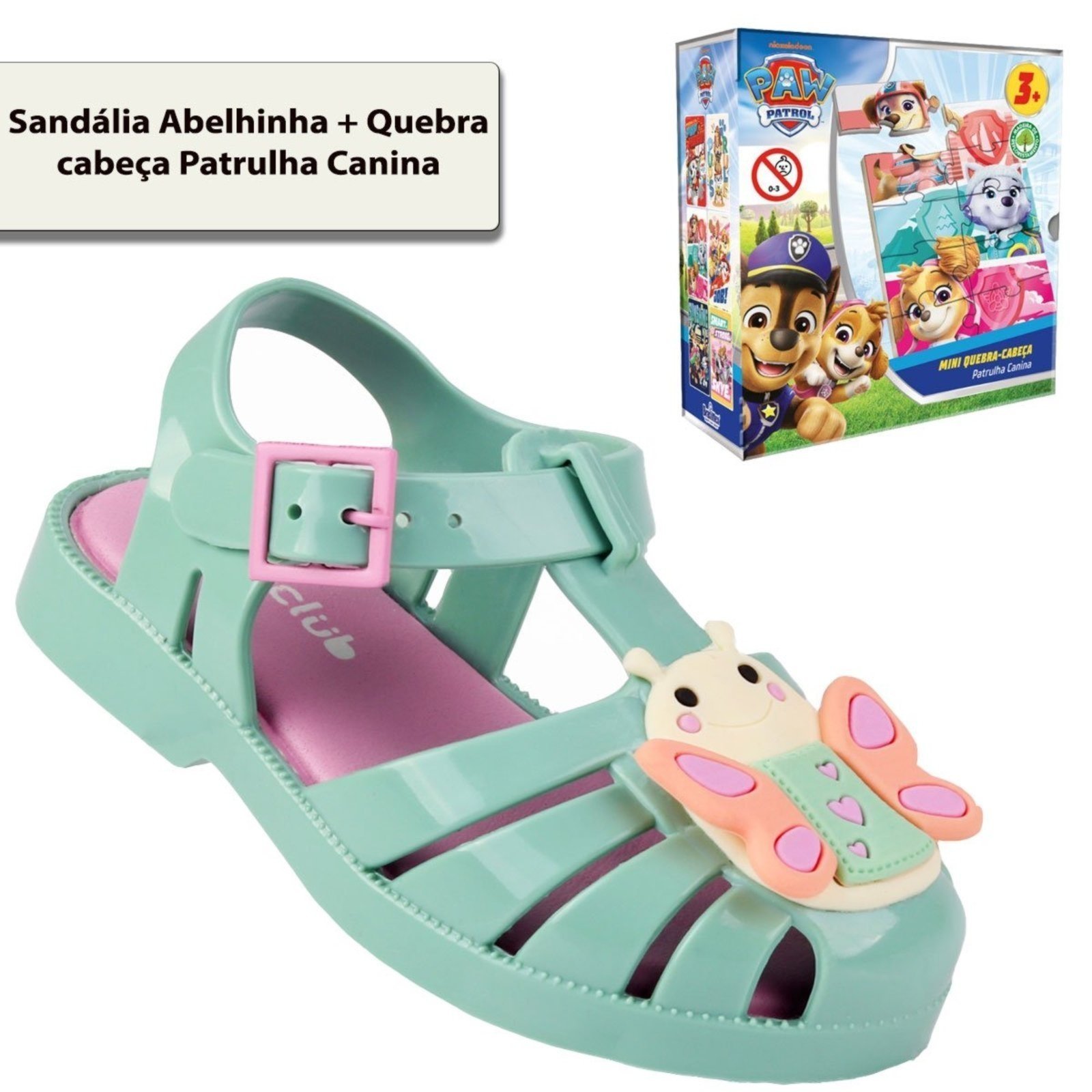 Infantil - Kit Sandália Menina Abelhinha Bee Happy Verde + Quebra-Cabeça Patrulha Canina