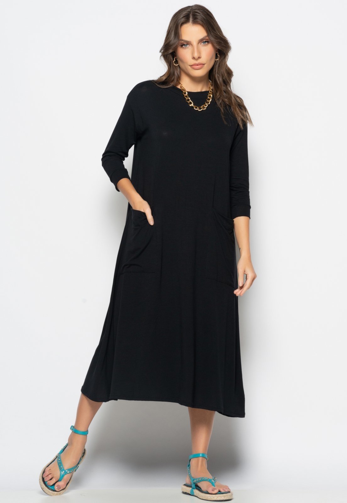 Vestido Midi Com Bolsos E Manga 7/8 Salvatore Preto