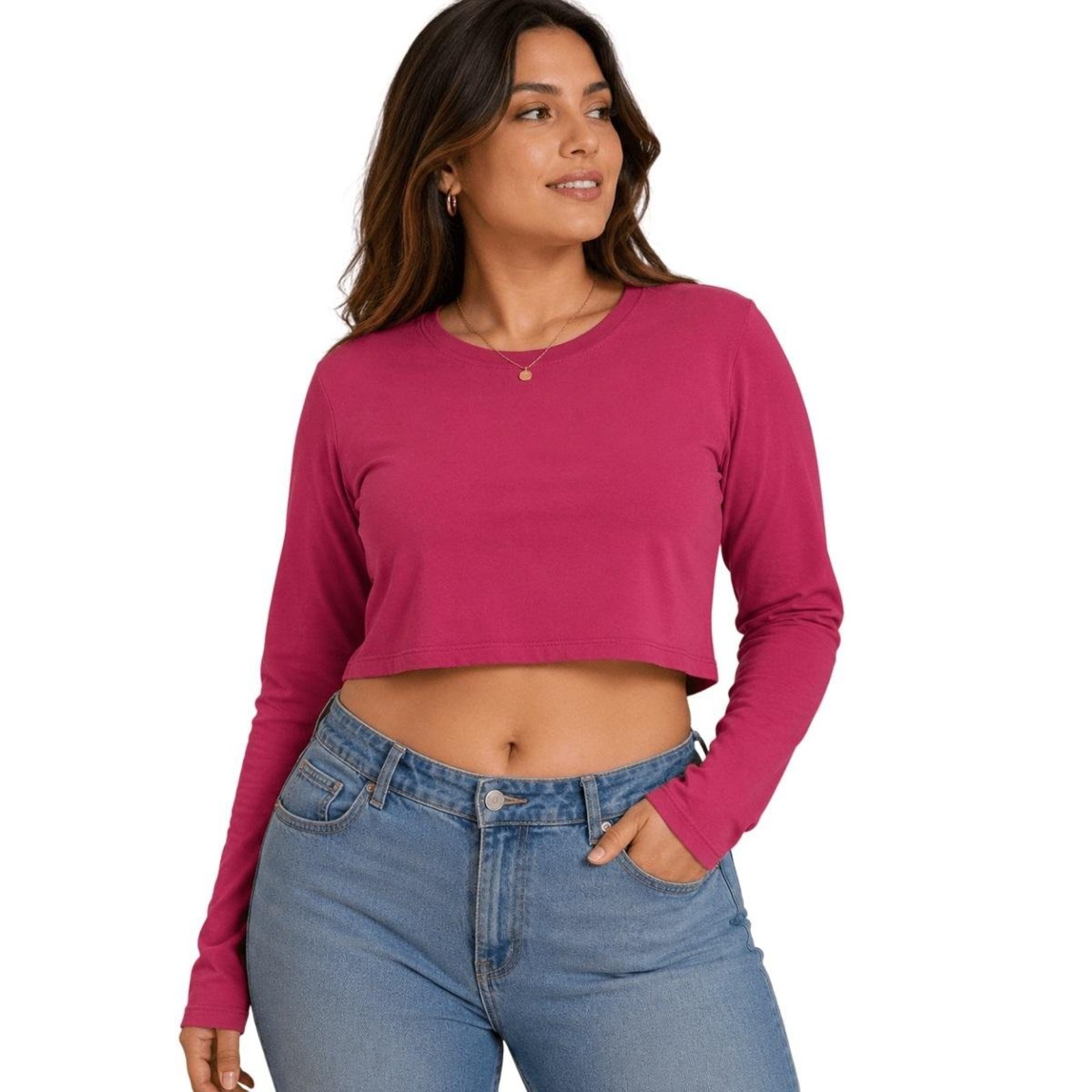 Blusa Cropped Manga Longa Básica Feminina Lunender 00676 Vermelho