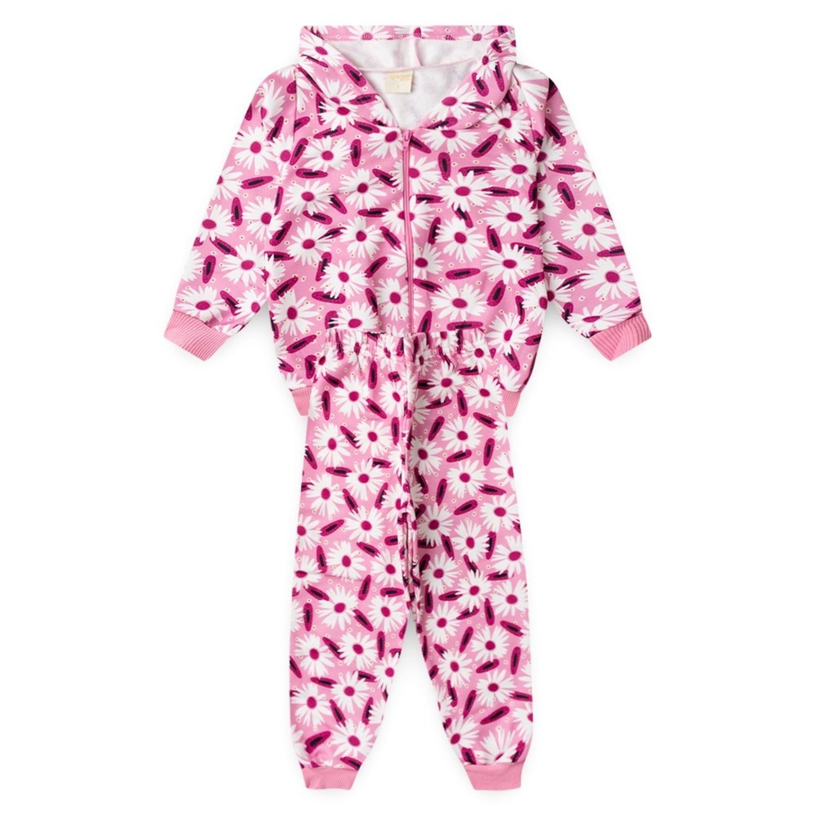 Infantil - Conjunto Inverno Menina Rosa Jaqueta com Capuz e Calça em Moletom Florido