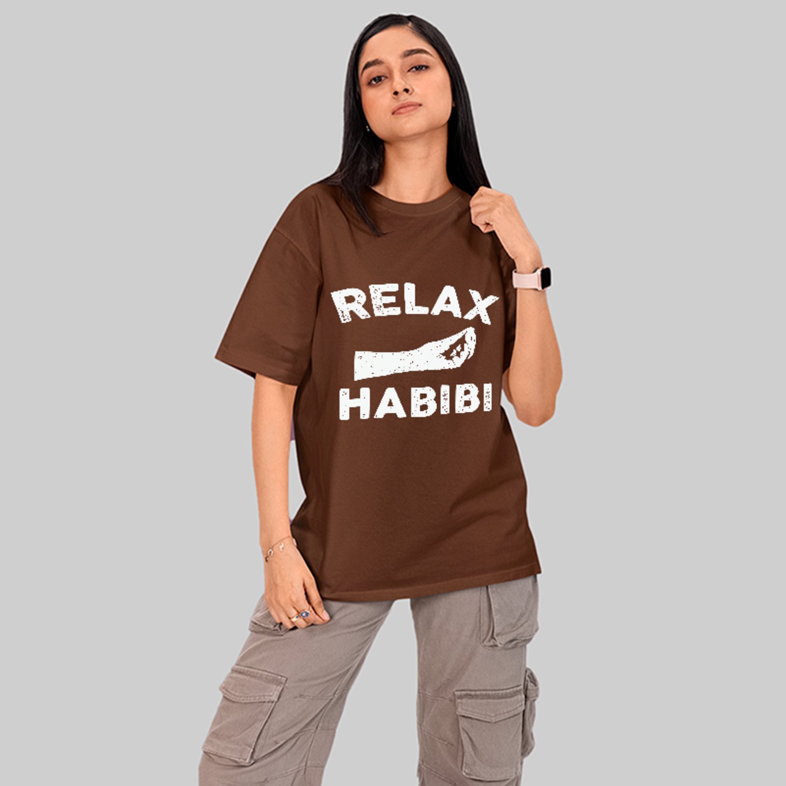 Camiseta Oversized Relax Habibi Funny Meme Streetwear Unissex Marrom