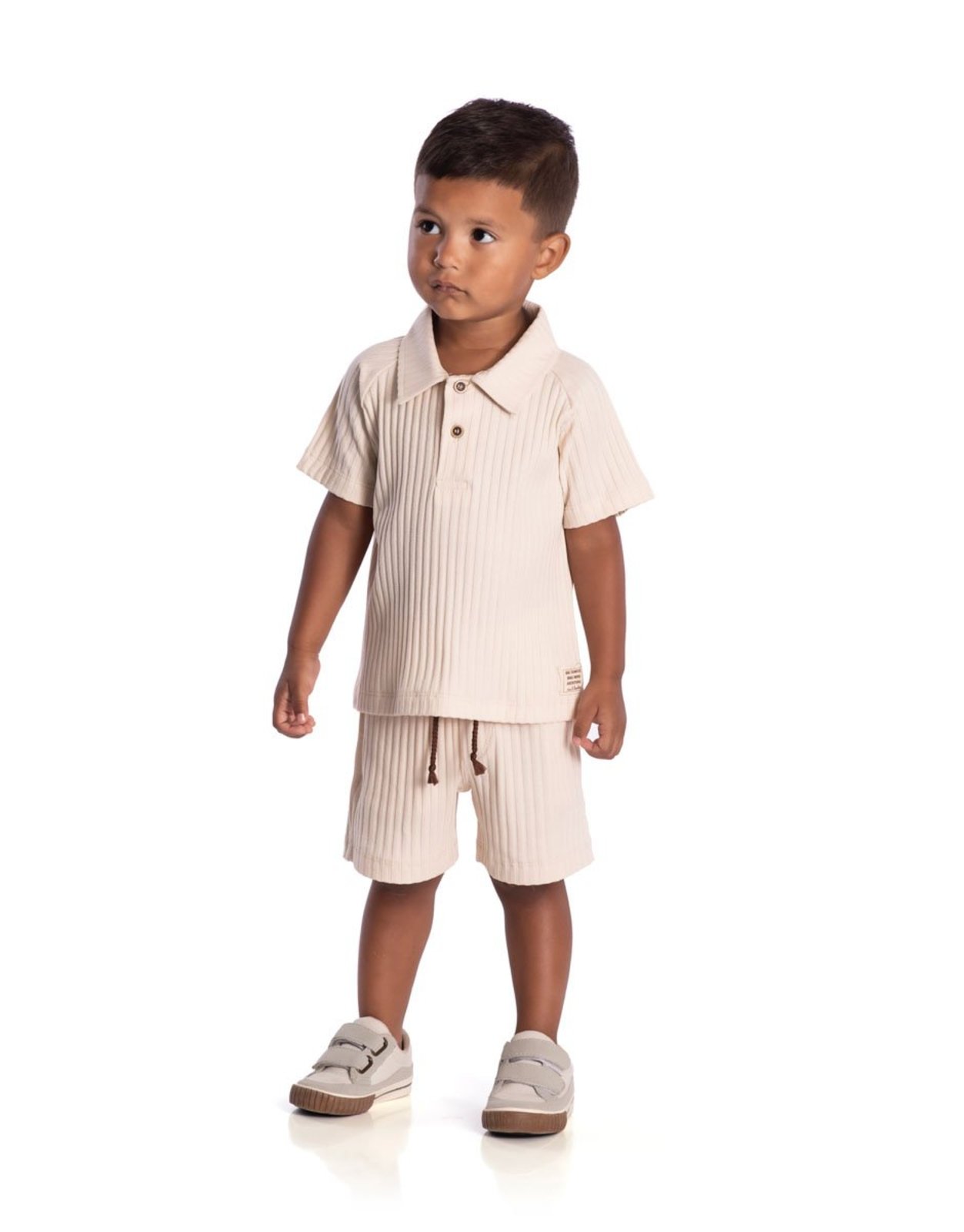 Infantil - Conjunto polo e bermuda malha canelada bege