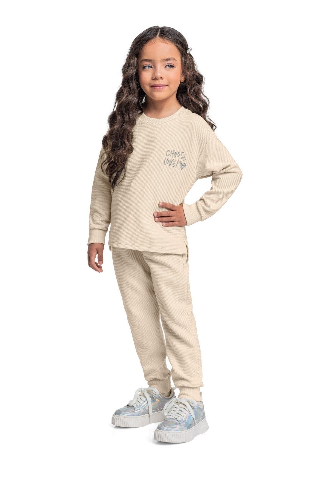 Vista 2 Infantil - Conjunto com Blusão e Calça em Moletom Gorgurão para Menina Quimby bege Quimby bege