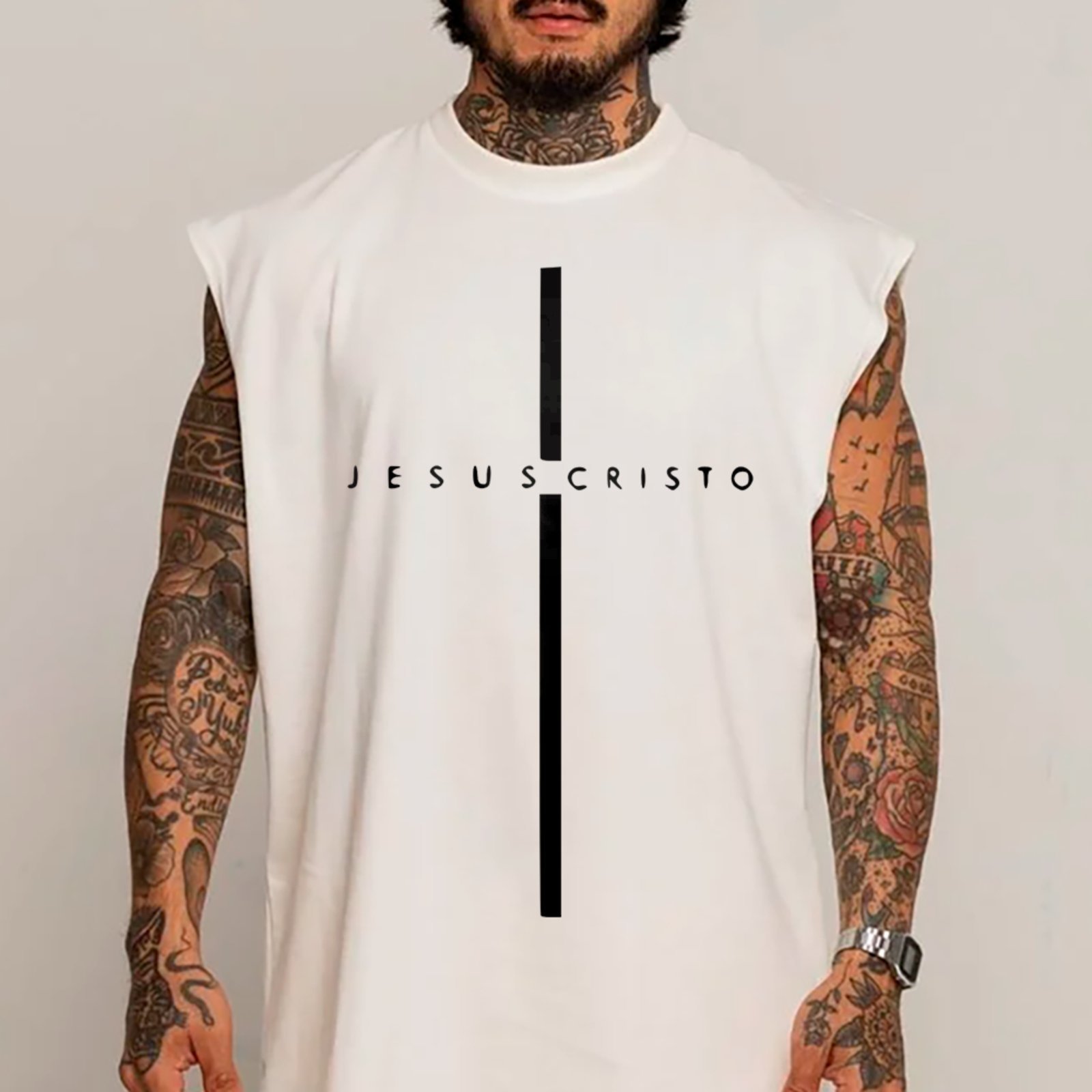 Camiseta Regata Machão Jesus Cristo Fé Gospel Moda Cristã Urbana Branco