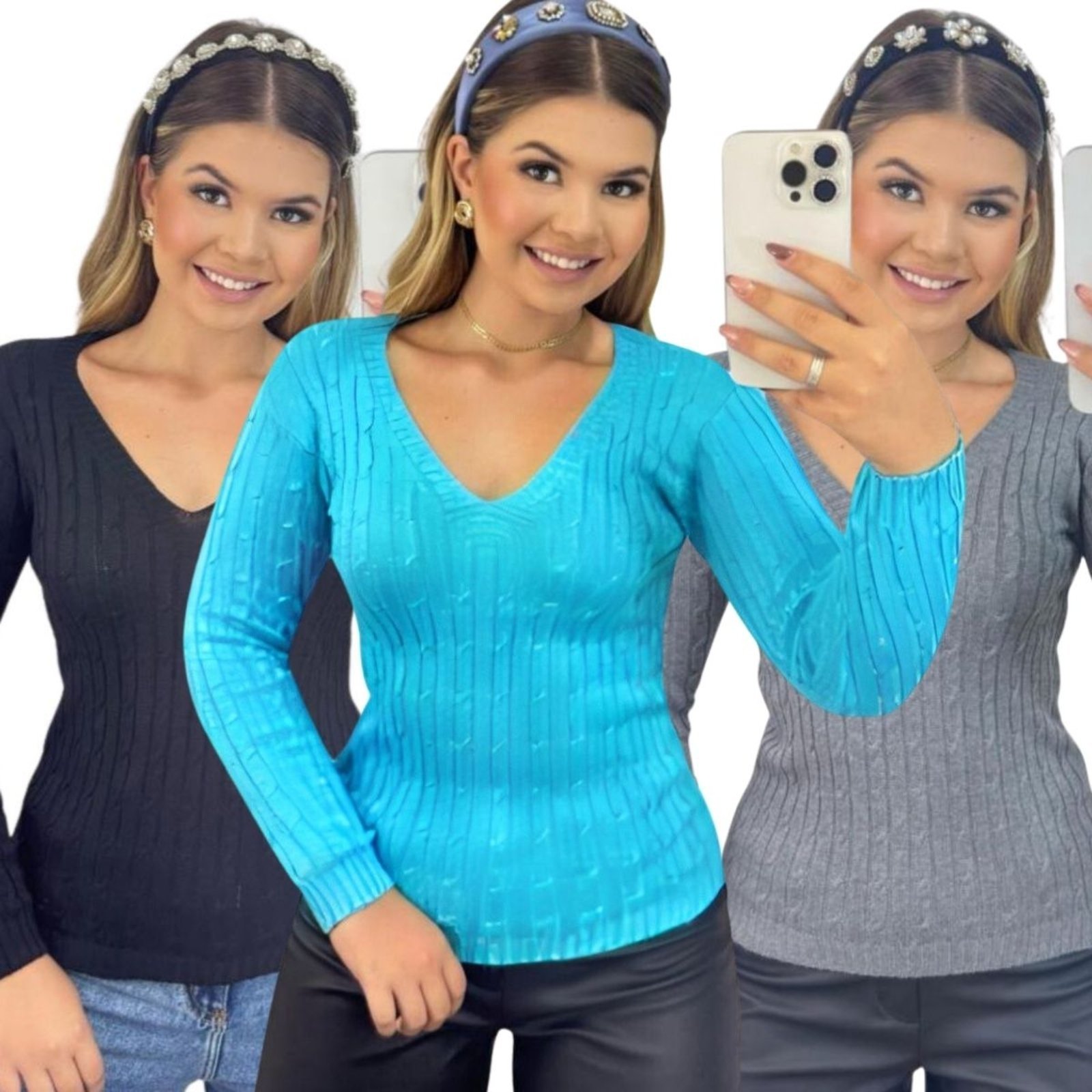 Kit 3 Blusas Vih Triny Femininas Suéter Malha Tricô Manga Longa Preto