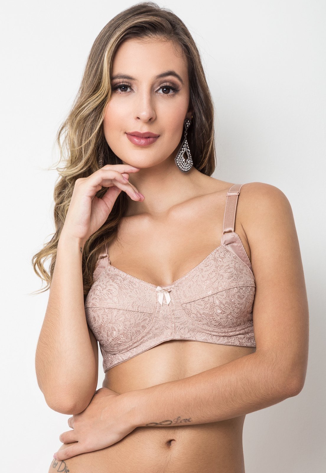 Sutiã Reforçado Gabi Lingerie Plus Size Sem Bojo Renda Sustentação Bege
