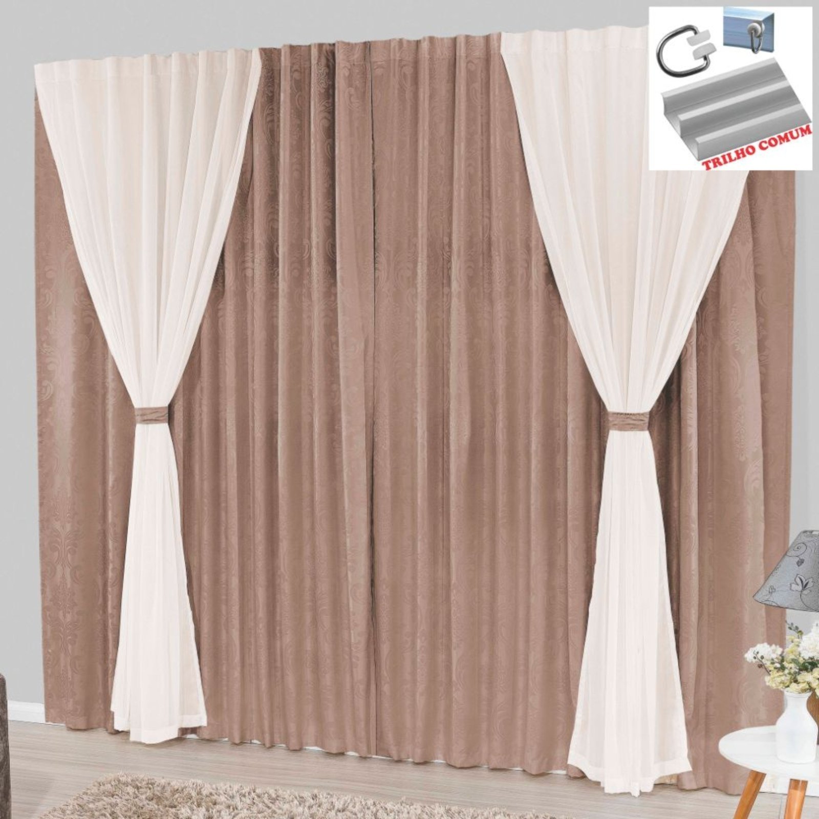 Cortina Bhaly Jacquard e Voal 3,00 X 2,50 Para Trilho Comum - Bege - 100% Poliéster