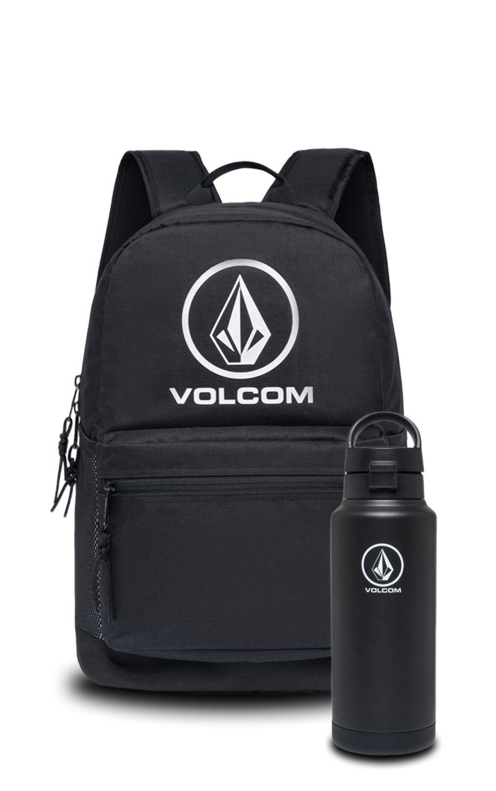 Kit Mochila Escolar Reforçada Garrafa Preta Aço Inox 1L Volcom