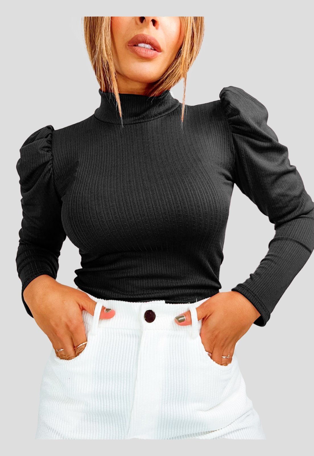 Blusa Canelada NSTORE Cacharrel Manga Longa Princesa Gola Alta Preto