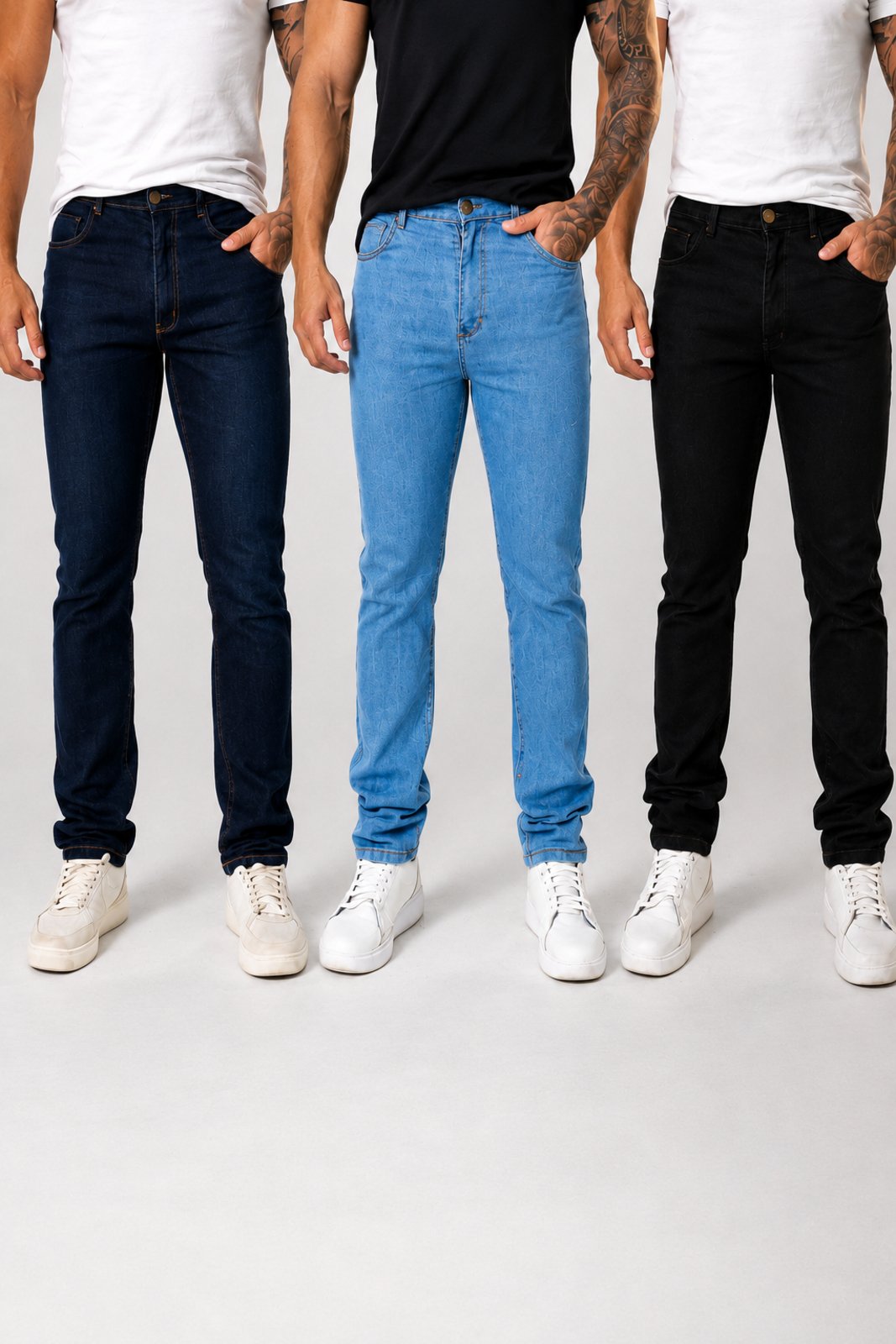 Kit 3 Calças Jeans Masculina Skinny Yellow Jeans Azul Escuro Delave Preto