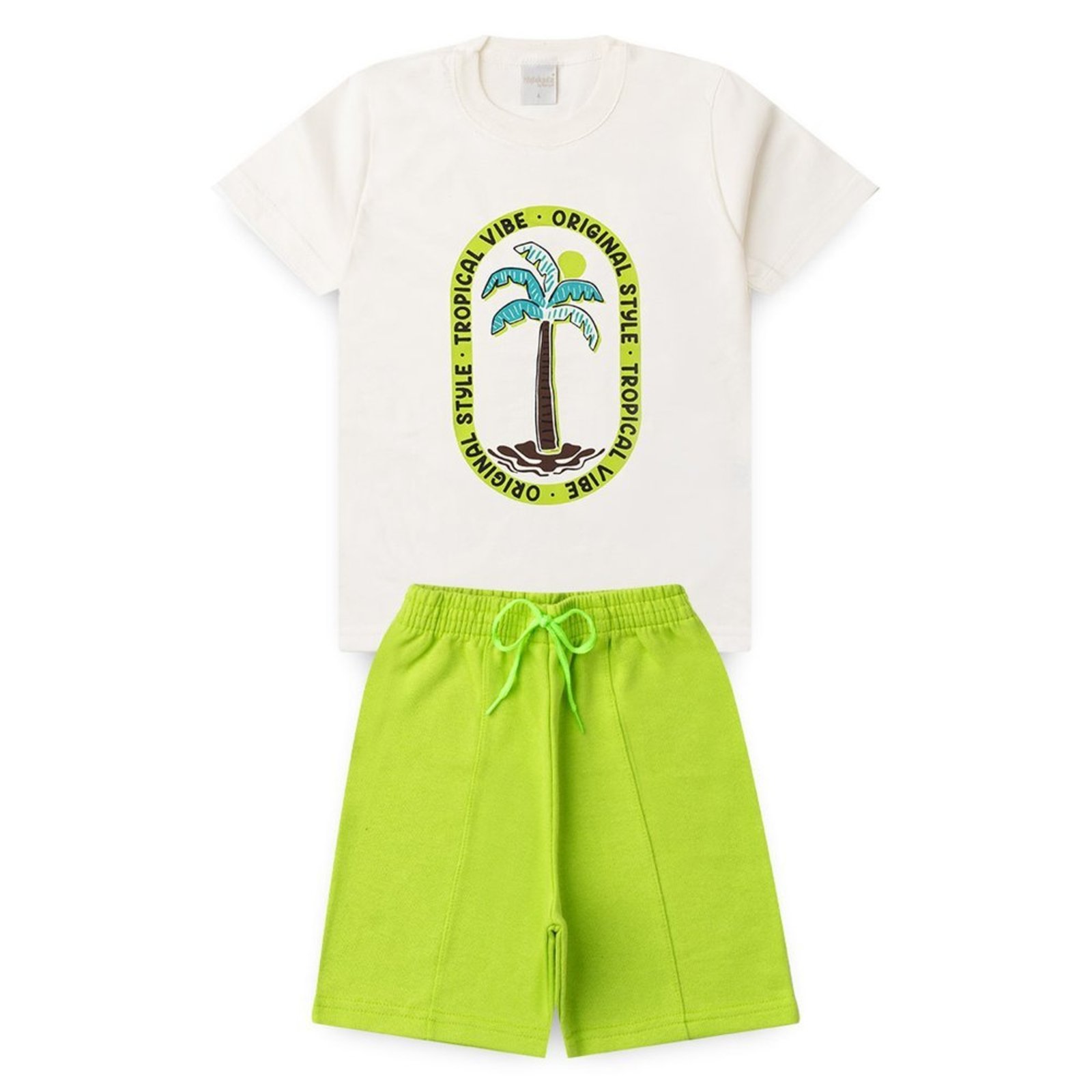 Infantil - Conjunto Verão Menino Natural Camiseta e Bermuda com Recorte Tropical Vibe