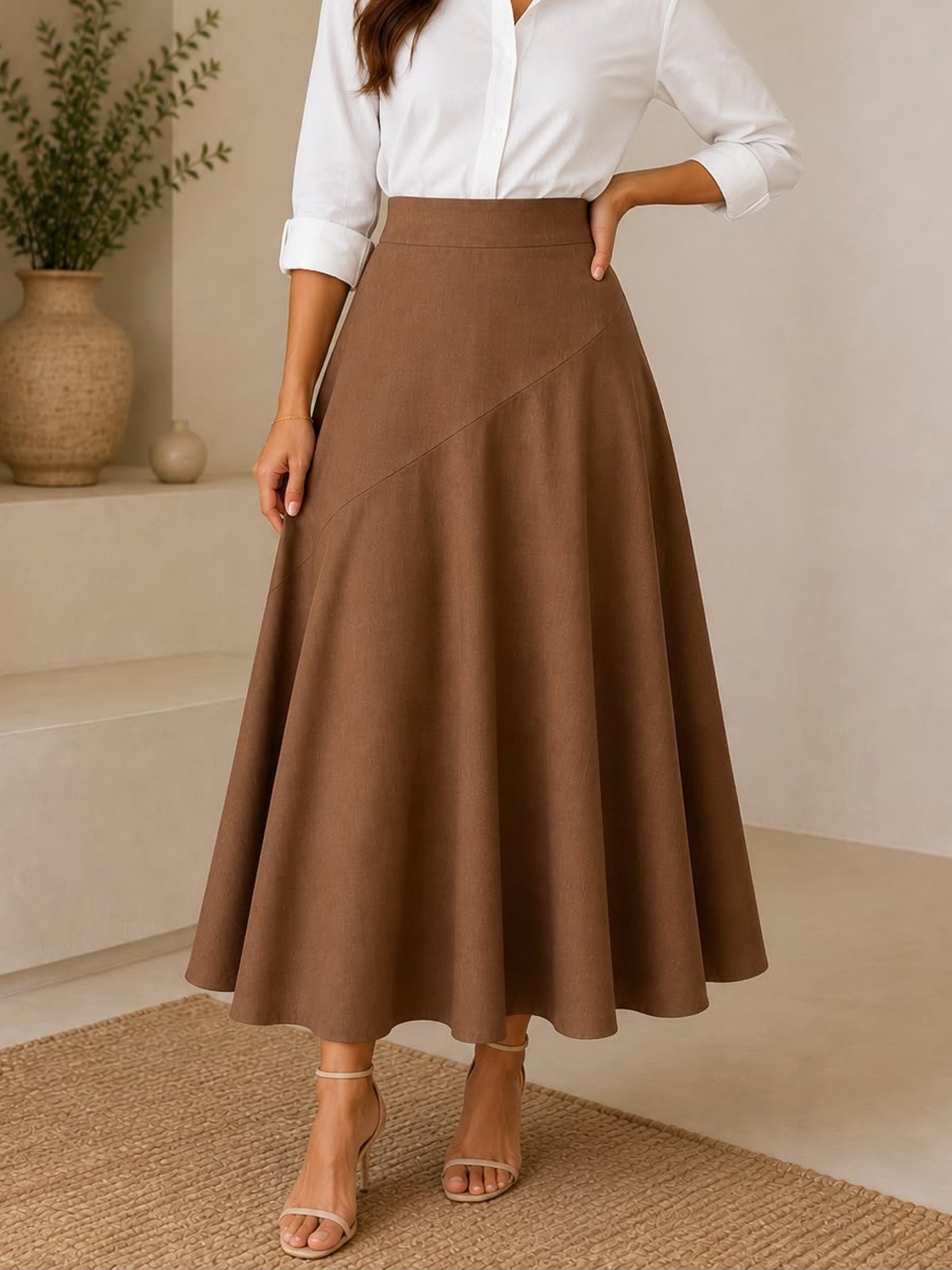Saia Max Midi Godê Recorco Assimetrico Cintura Alta em Linho Misto Elegante Moda Elegante Modesta Marrom