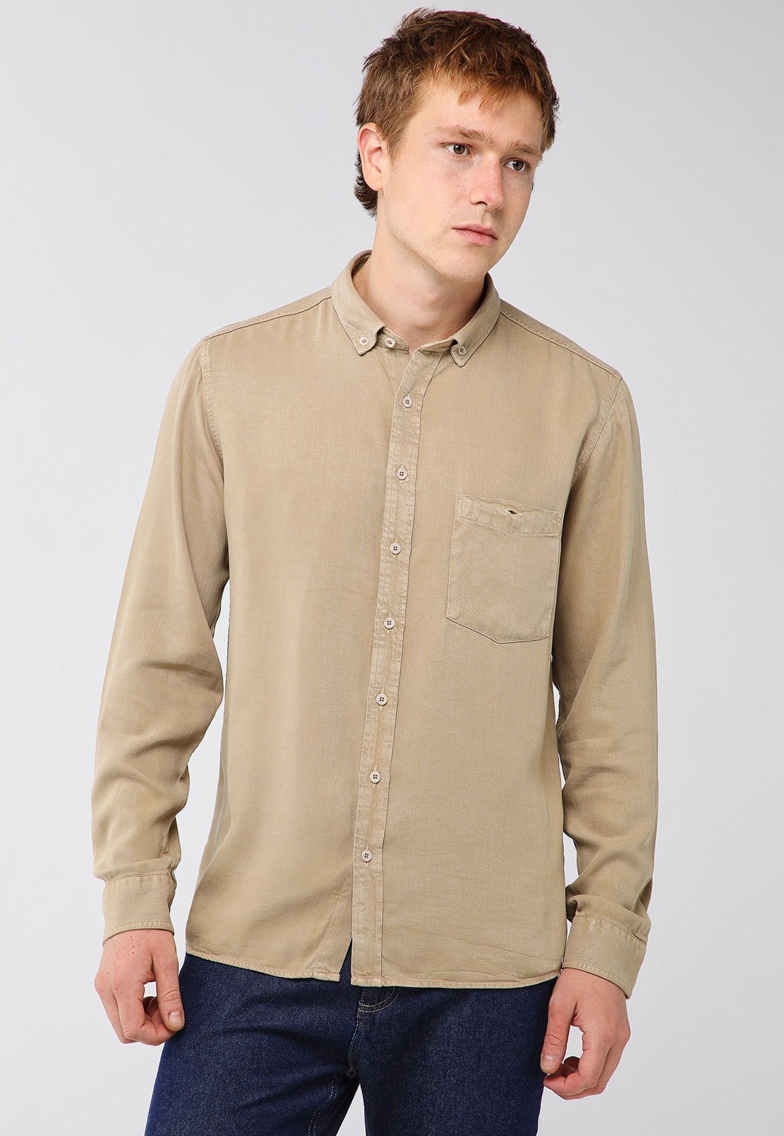 Camisa Masculina Dudalina Gola Botão Bege
