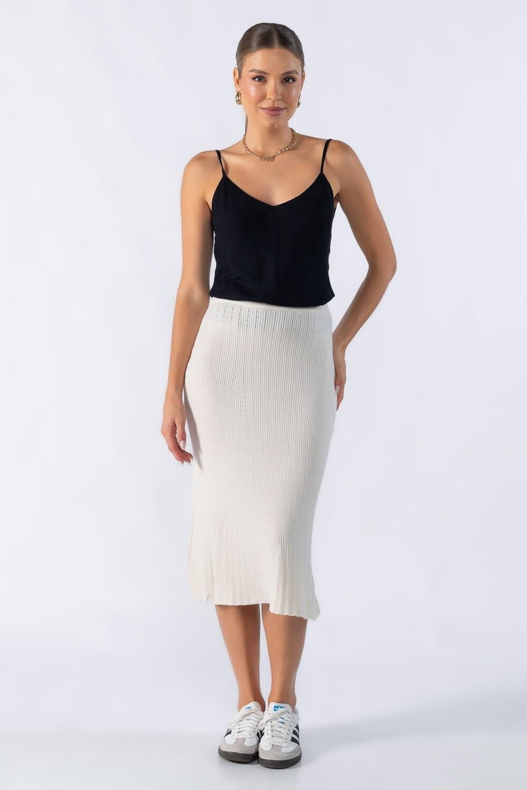 Saia midi tricot texturizada Bege