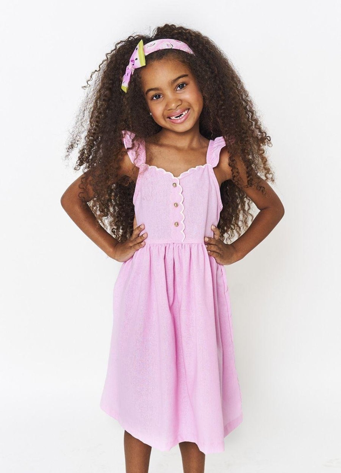 Infantil - Vestido Melancia Detalhe Botões Babado Linho Rosa Rosa