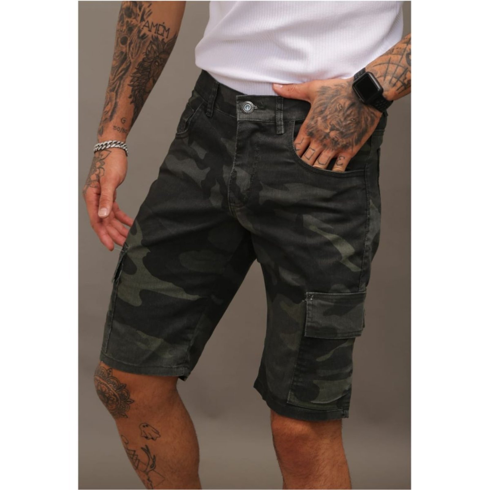 Bermuda Camuflada Militar Verde Cargo Masculina Alleppo Jeans