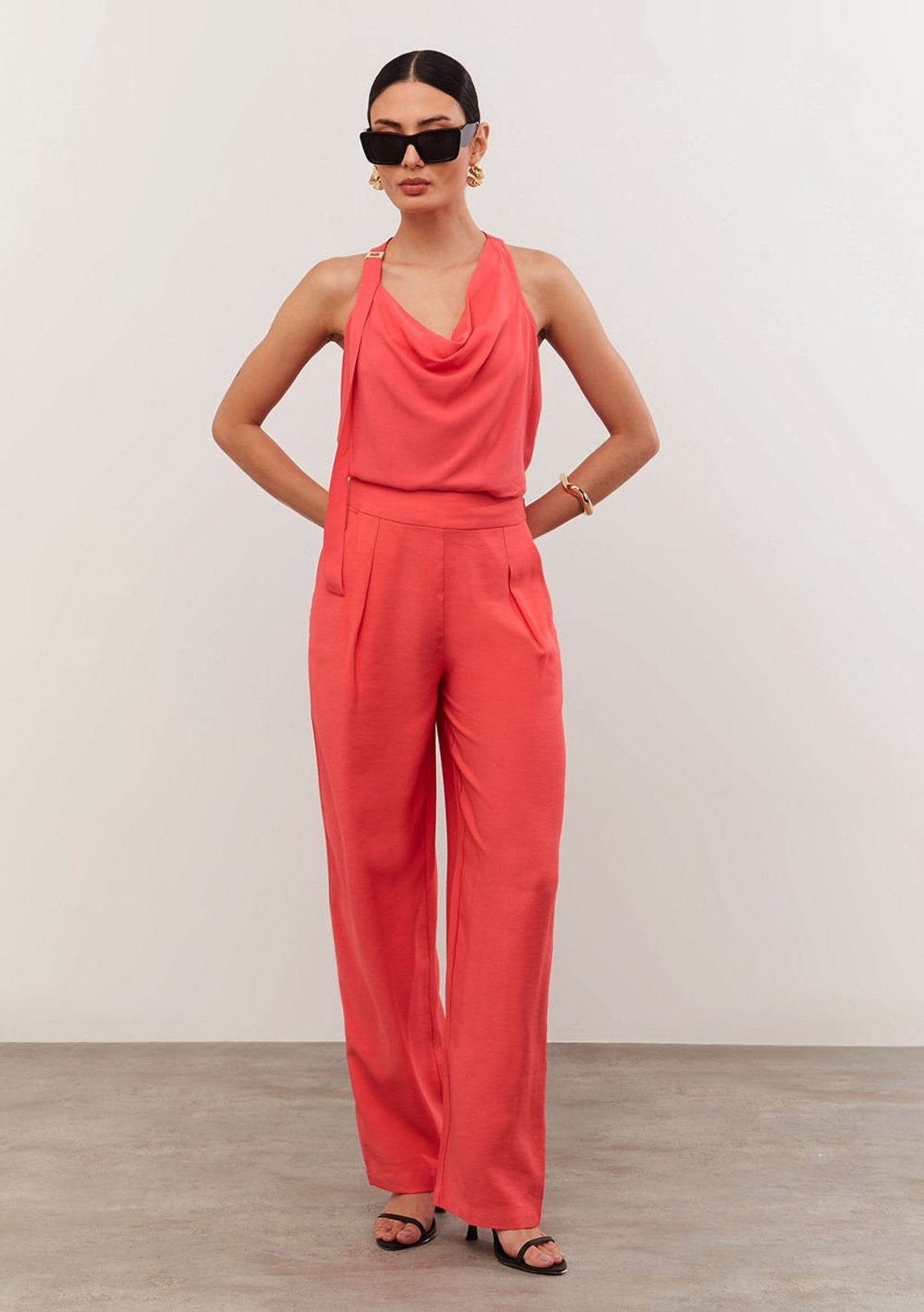 Calça Iódice Wide Cós Alto Com Pence Rosa