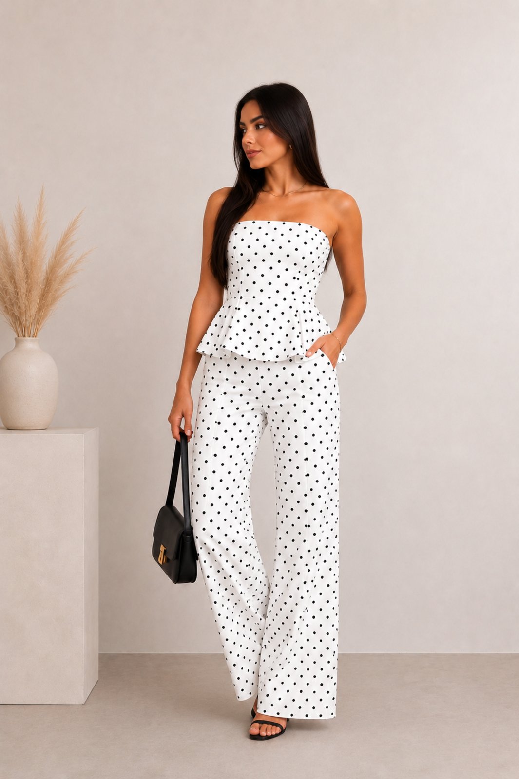 Conjunto Feminino Tomara que Caia com Peplum e Calça Pantalona – Poá Bolinha Branco e Preto
