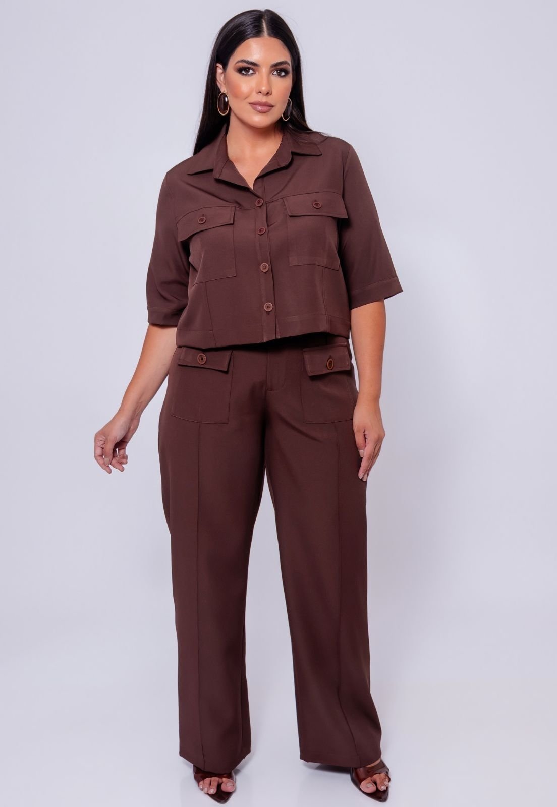 Conjunto Plus Size Feminino Alfaiataria Ana Maya Marrom