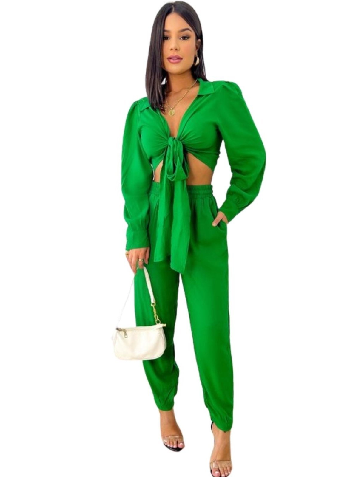 Cropped Manga Longa Viscose Amarração Transpasse Verde