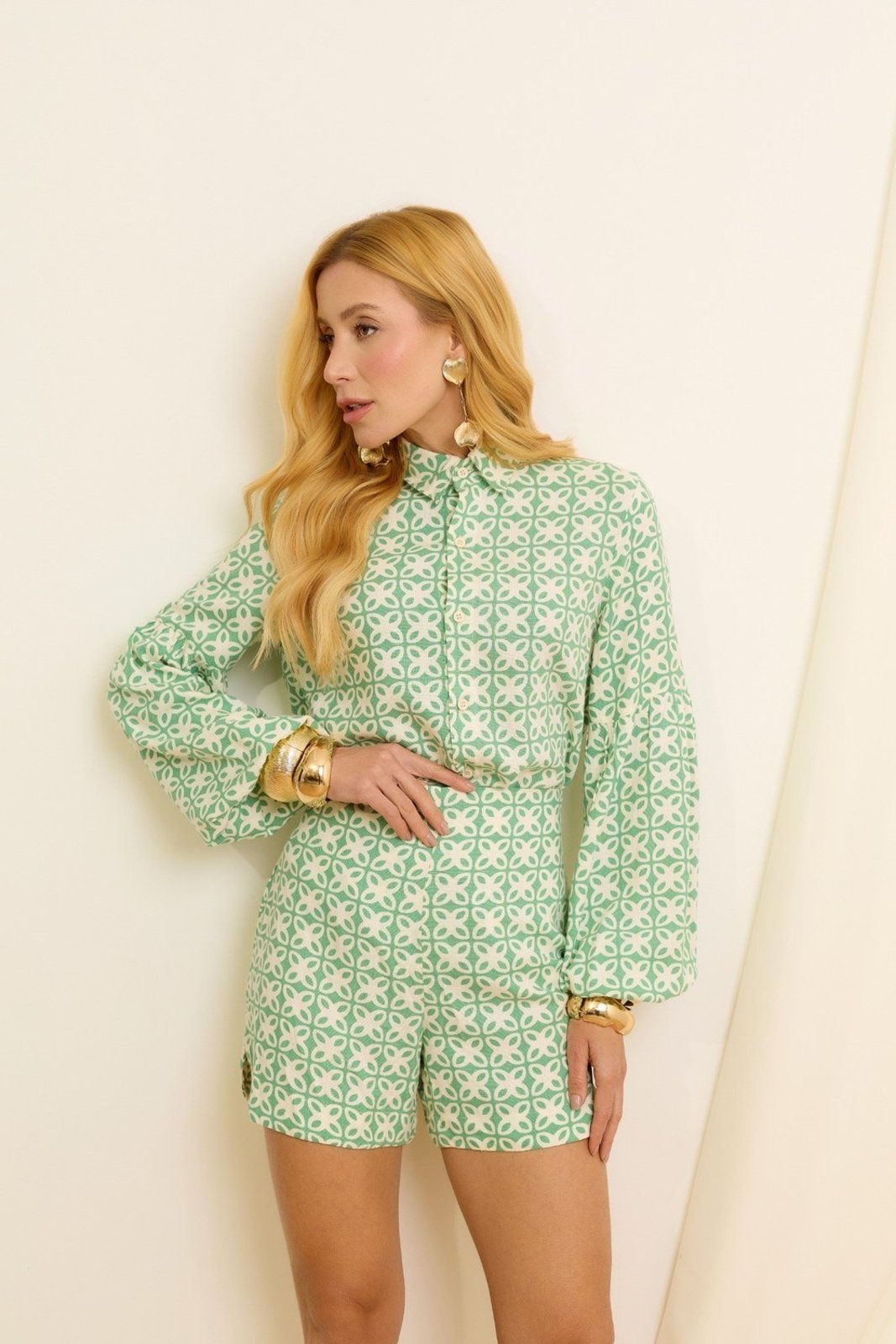 Camisa Vanibele Linho Estampado Fortaleza Verde