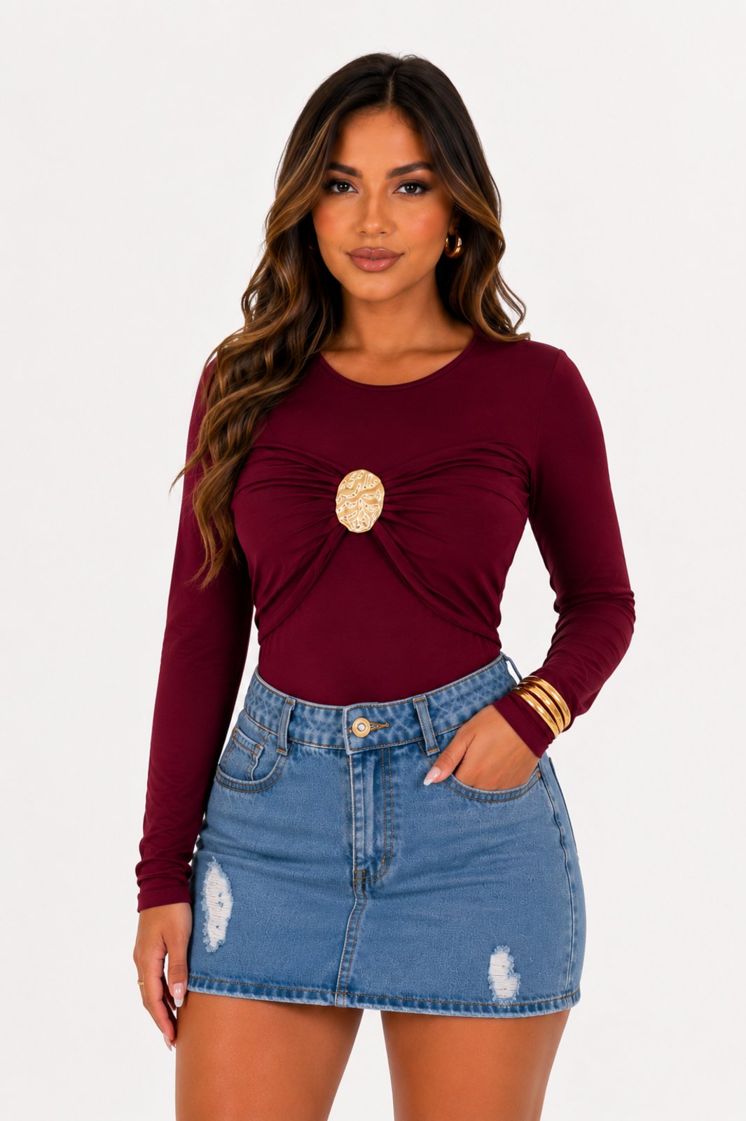 Body Feminino D Bell Outlet Fashion Drapeado Vinho