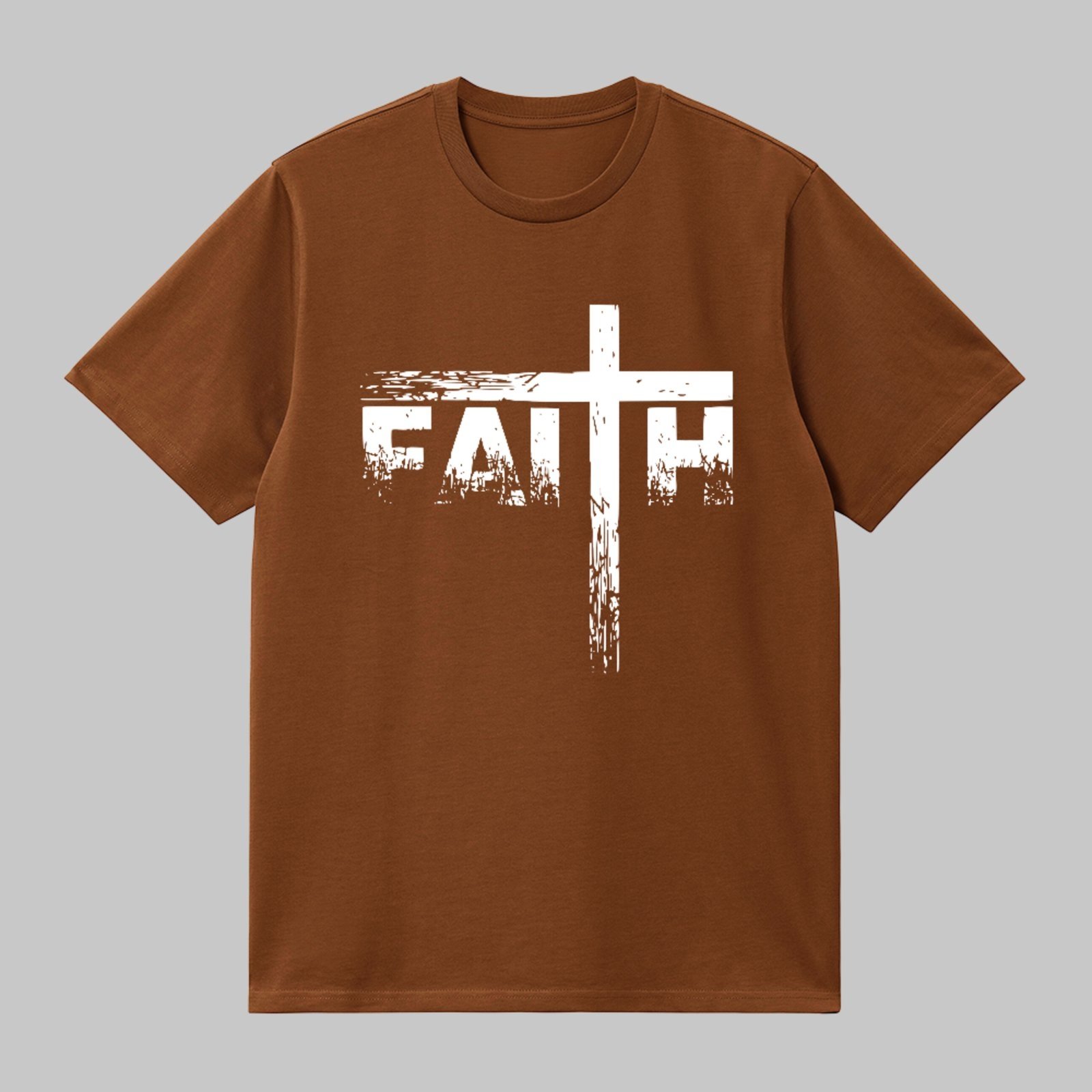 Camiseta Básica Faith Cruz Religiosa Cristã Unissex Marrom