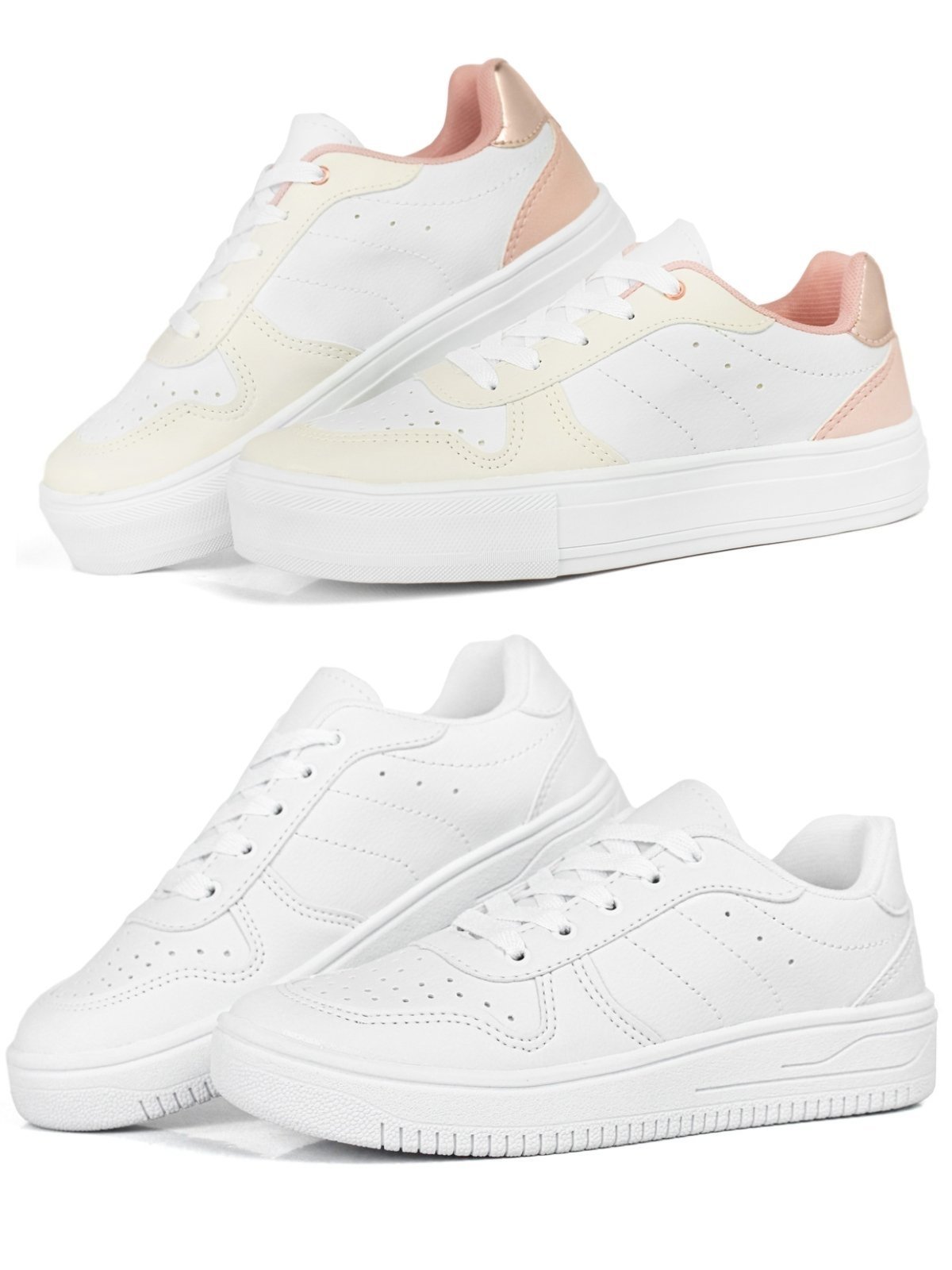 Kit 2 Pares Tenis Feminino Branco Casual Rose Solado Baixo Com Cadarço