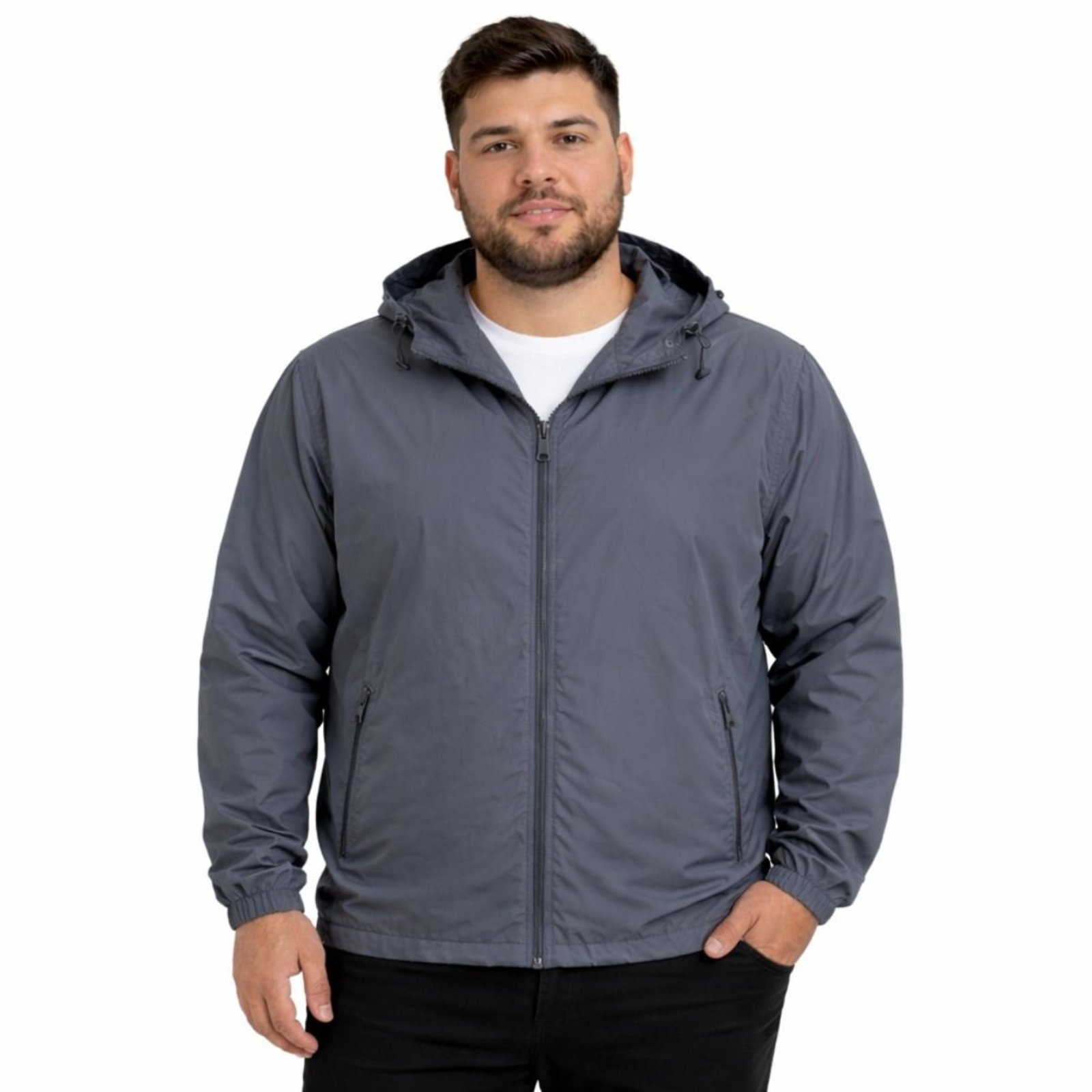 Corta Vento Masculina Preta Leve Com Capuz Removivel Cinza