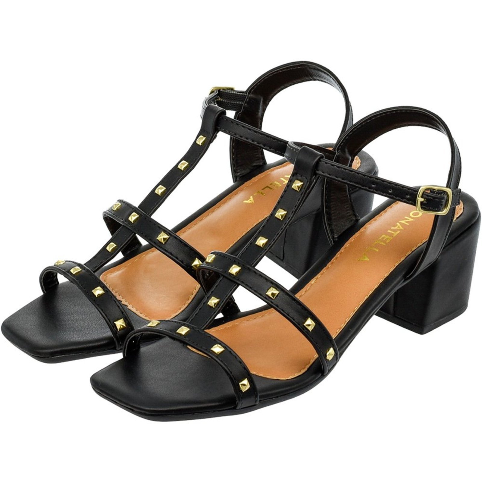 Sandália Feminina Donatella Shoes Bico Quadrado Salto Alto Bloco Spike Preto