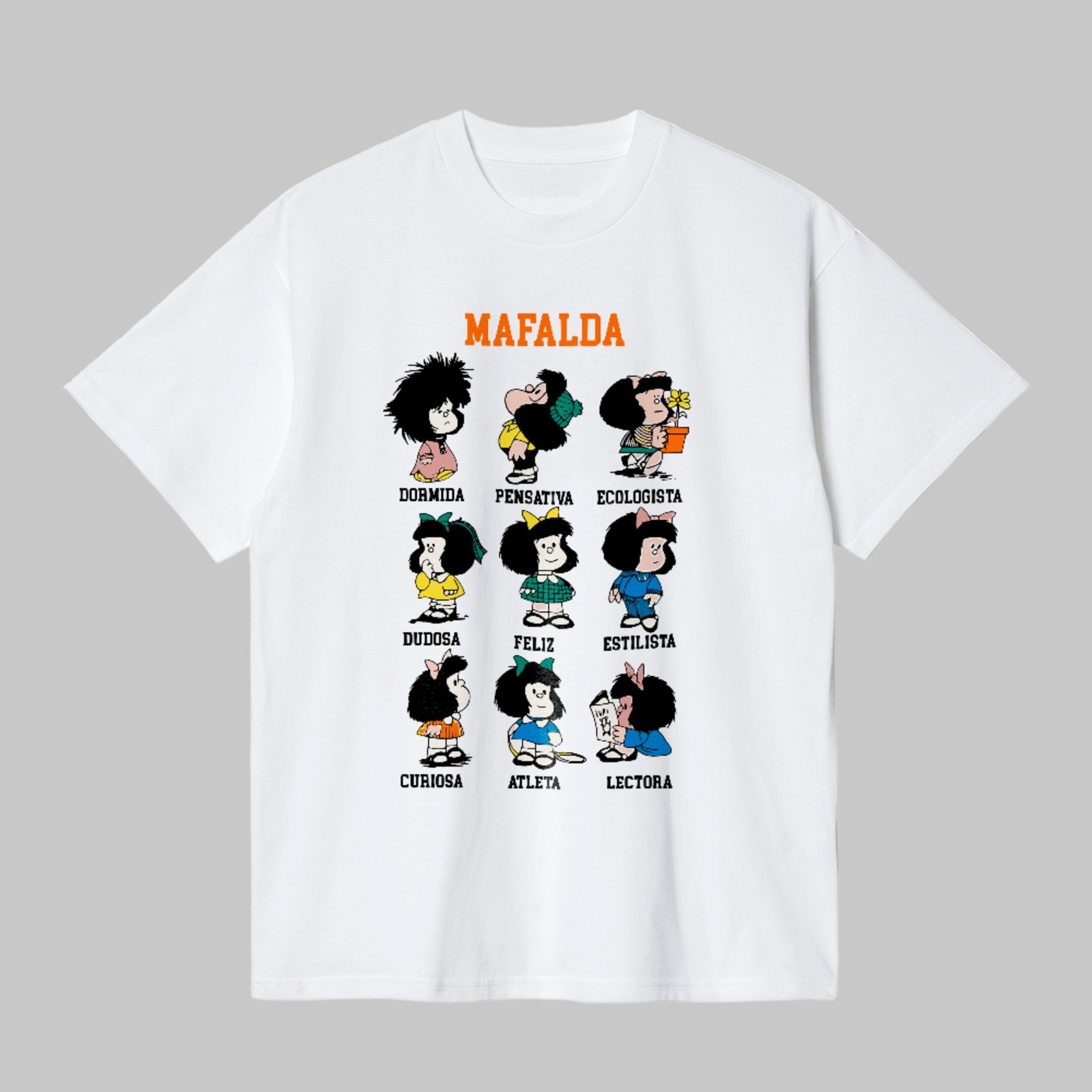 Camiseta Básica Personalidades Divertidas Mafalda Estampa Icônica Unissex Branco