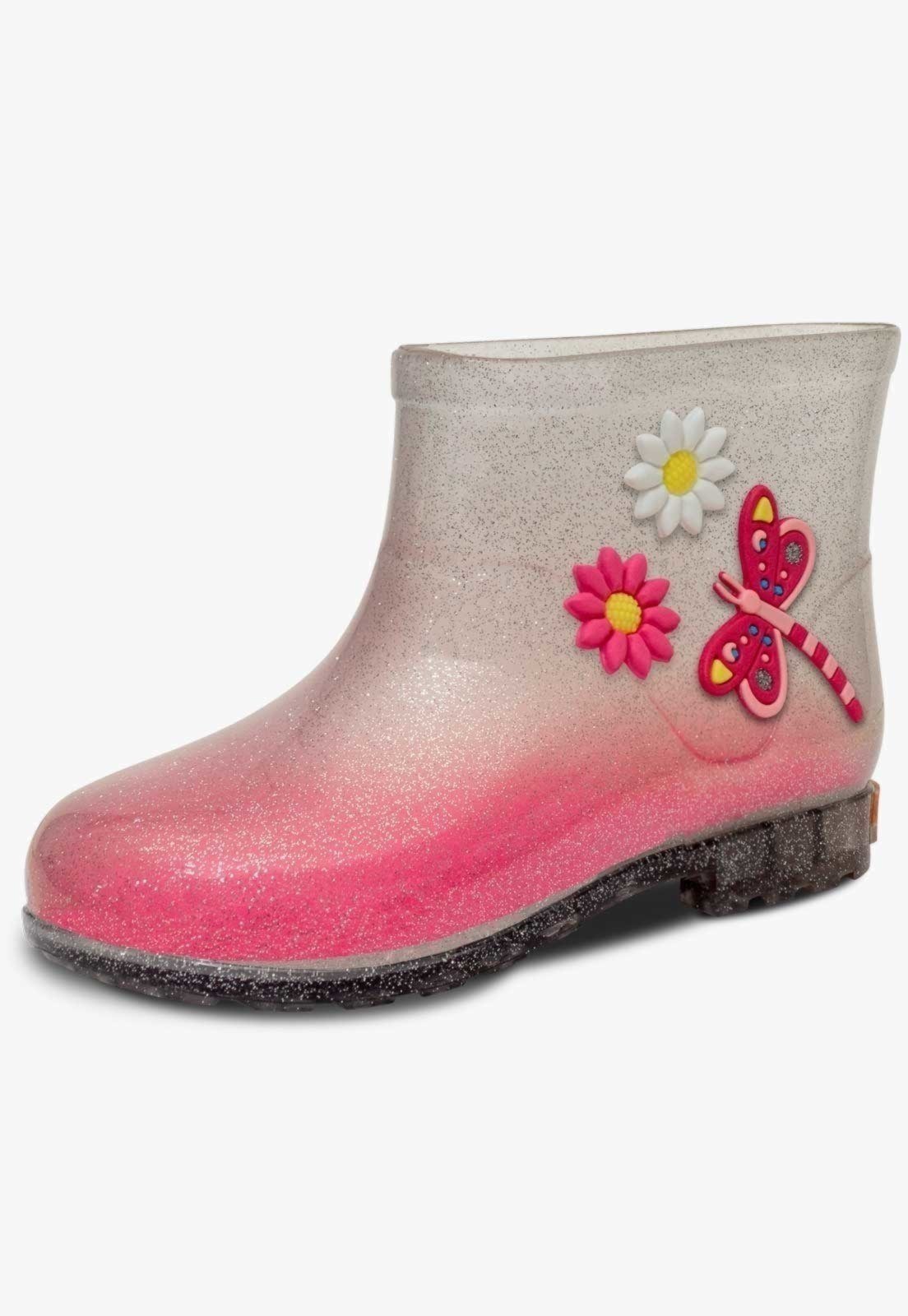 Vista 2 Infantil - Bota Galocha Cano Baixo Pópidi Menina Libélula Flores Glitter prata Pópidí prata