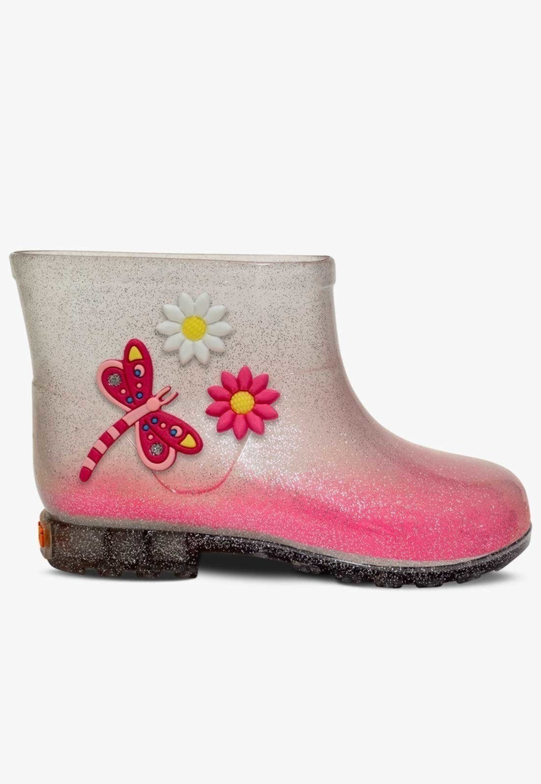 Vista 3 Infantil - Bota Galocha Cano Baixo Pópidi Menina Libélula Flores Glitter prata Pópidí prata