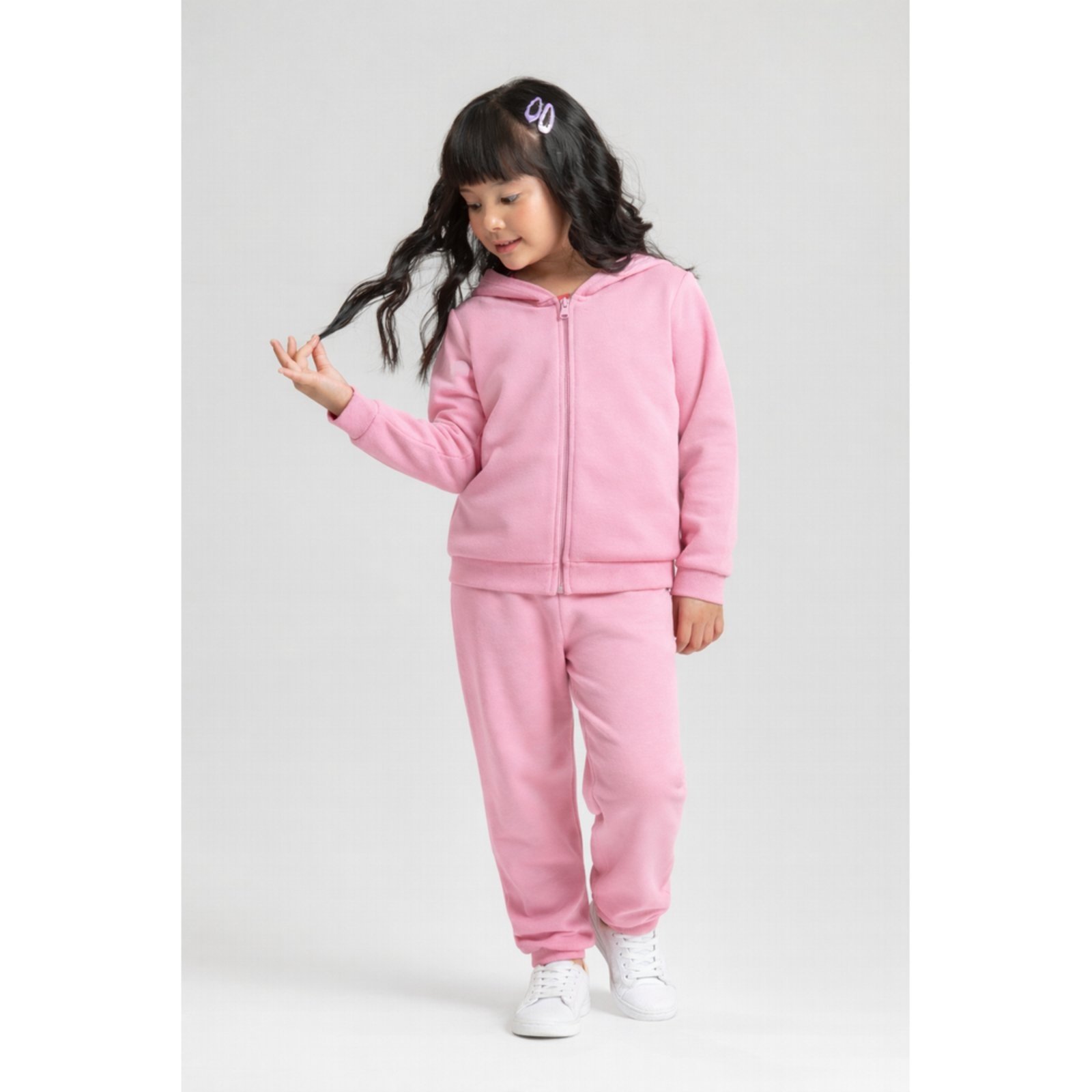 Infantil - Conjunto Inverno Menina Rosa Jaqueta com Capuz e Calça em Moletom Felpado