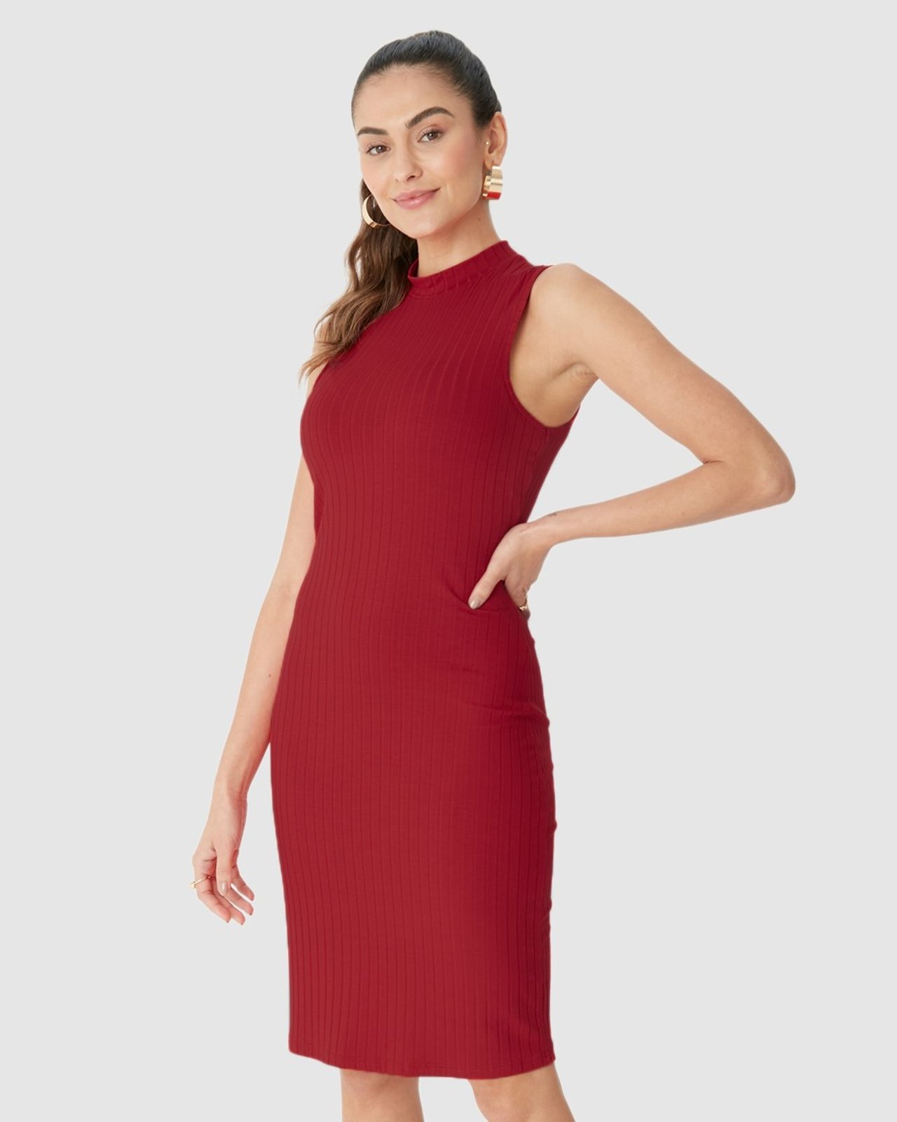 Vestido Básico Feminino Gola Alta Em Canelado De Viscose