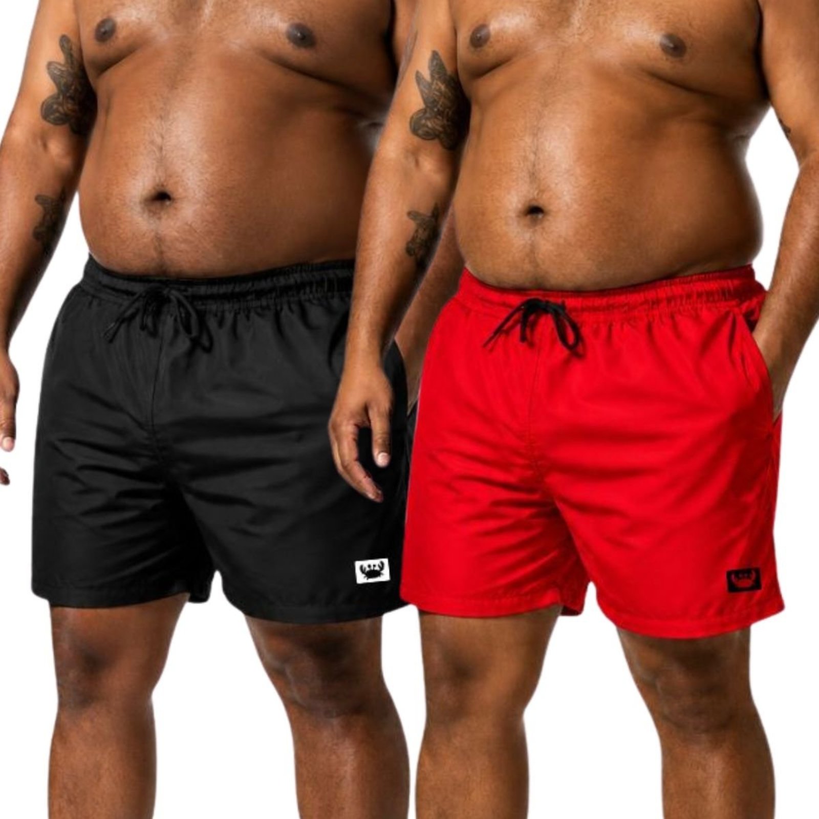 Kit 2 Short Tactel Leve Plus Size Masculino Relaxado Moda Praia Bermuda Treino Fitnes Academia Preto e Vermelho