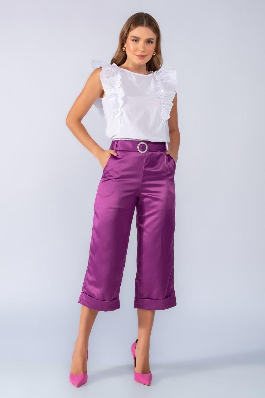 Calca pantacourt acetinada barra italiana Roxo