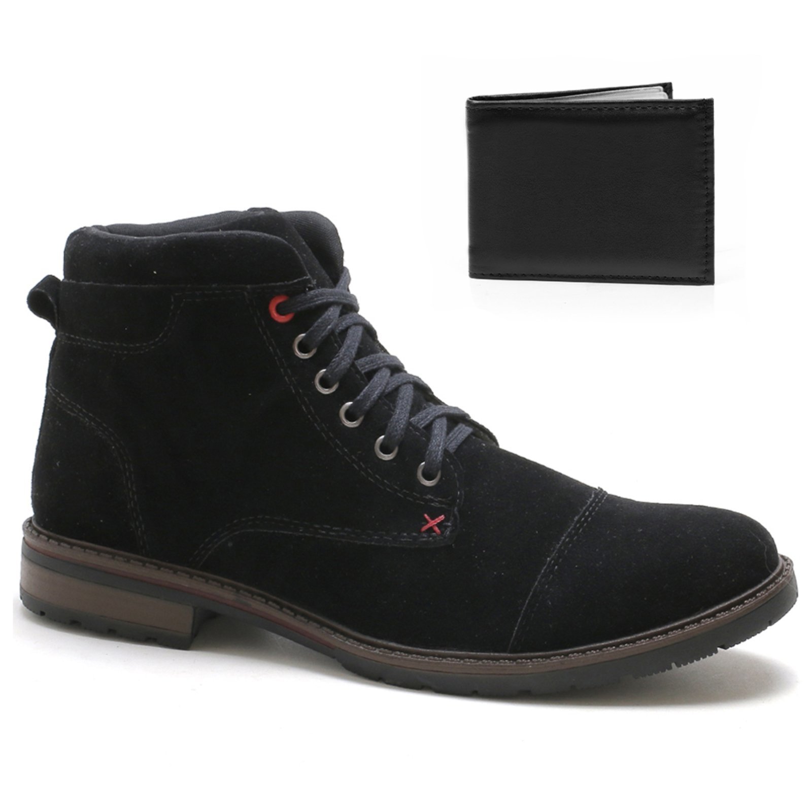 Kit Bota Com Carteira Coturno Masculina Épico Cadarço Camurça Conforto Macia Preto