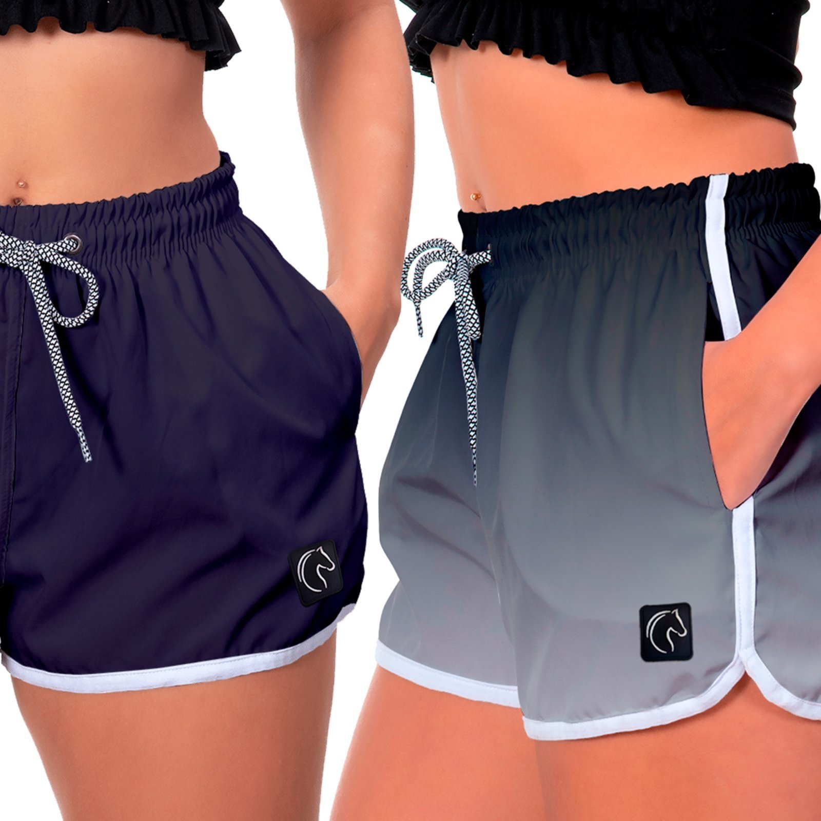 Kit 2 Shorts Feminino Premium Secagem Rápida com Elástico Cordão Ajustável e Bolsos Moda Praia Casual ou Treino Academia Azul Marinho e Degradê Preto
