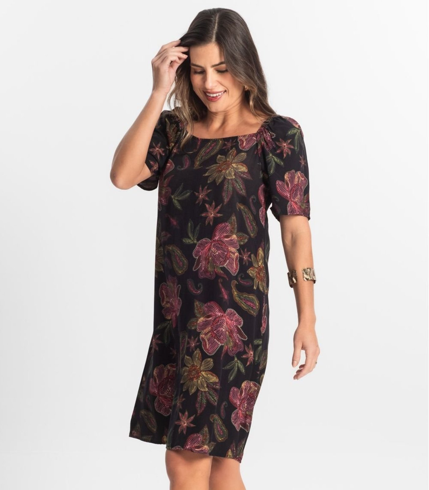 Vista 3 Vestido Feminino Estampado Select bege Select bege