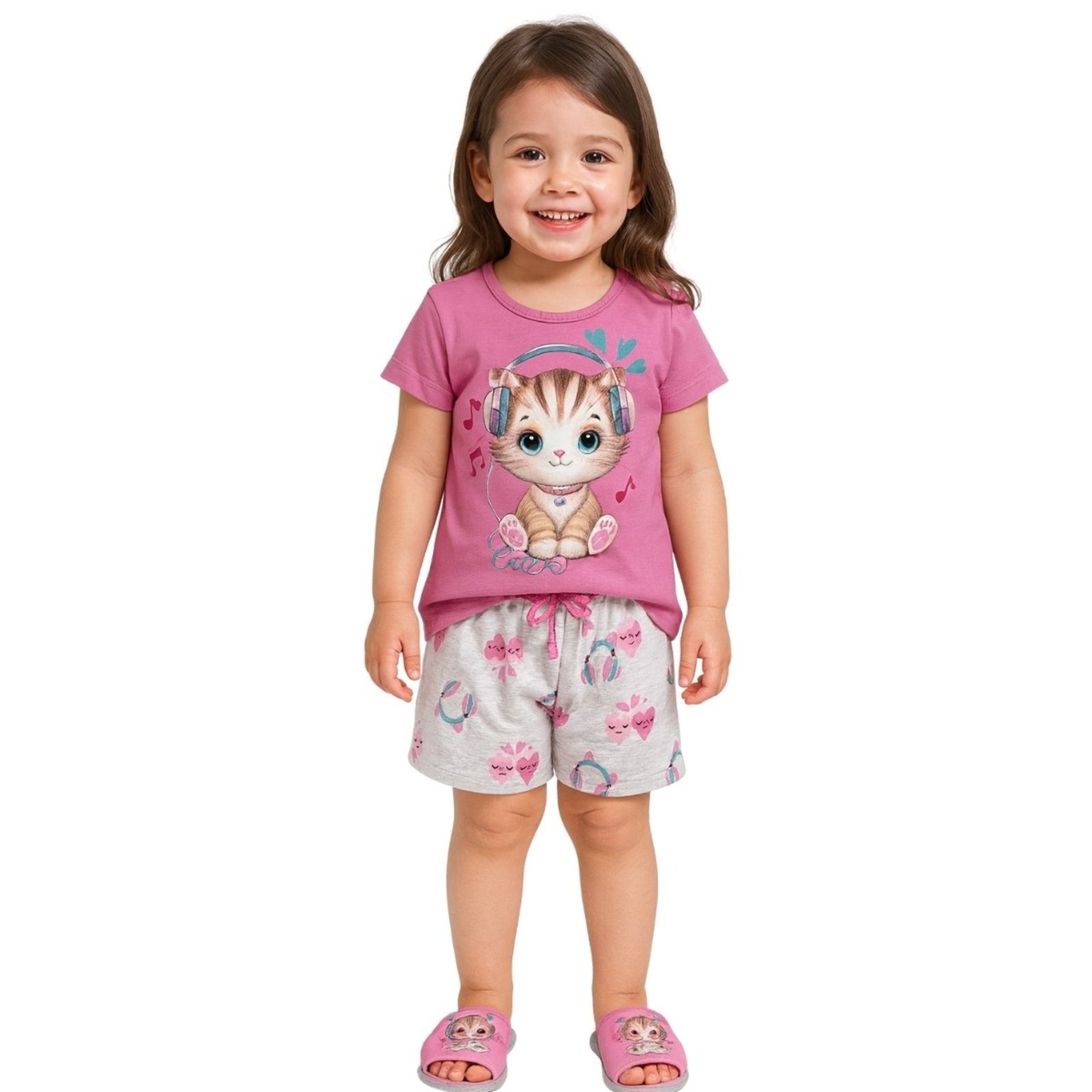 Vista 2 Pijama 2pçs Manga Curta Kyly Gatinha rosa Kyly rosa