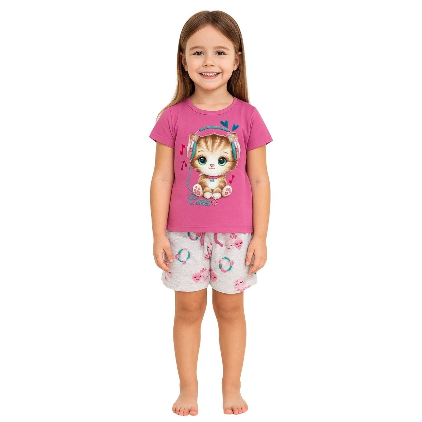 Vista 3 Pijama 2pçs Manga Curta Kyly Gatinha rosa Kyly rosa