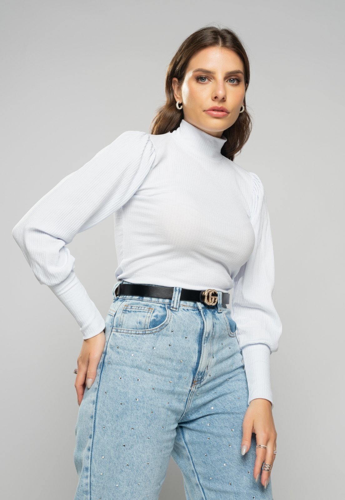 Blusa Salvatore Princesa Manga Longa Canelada Branca