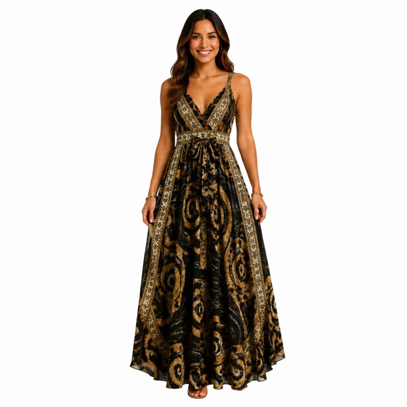 Vestido Longo Indiano Feminino Estampado Alças Reguláveis Boho Preto