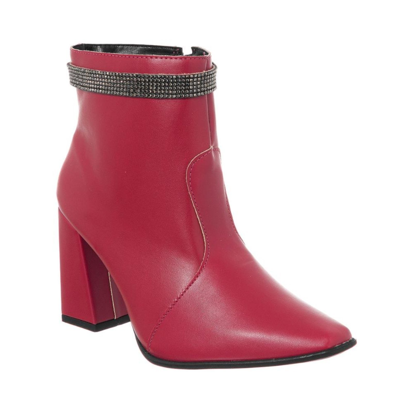 Bota Feminina Cano Curto Salto Alto Bico Quadrado Elegante Vermelho Com Strass