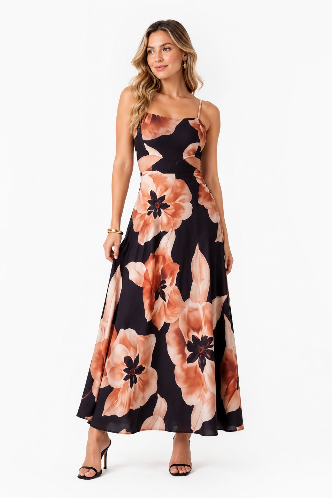 Vestido Longo D Bell Outlet Fashion Estampa Floral Preto